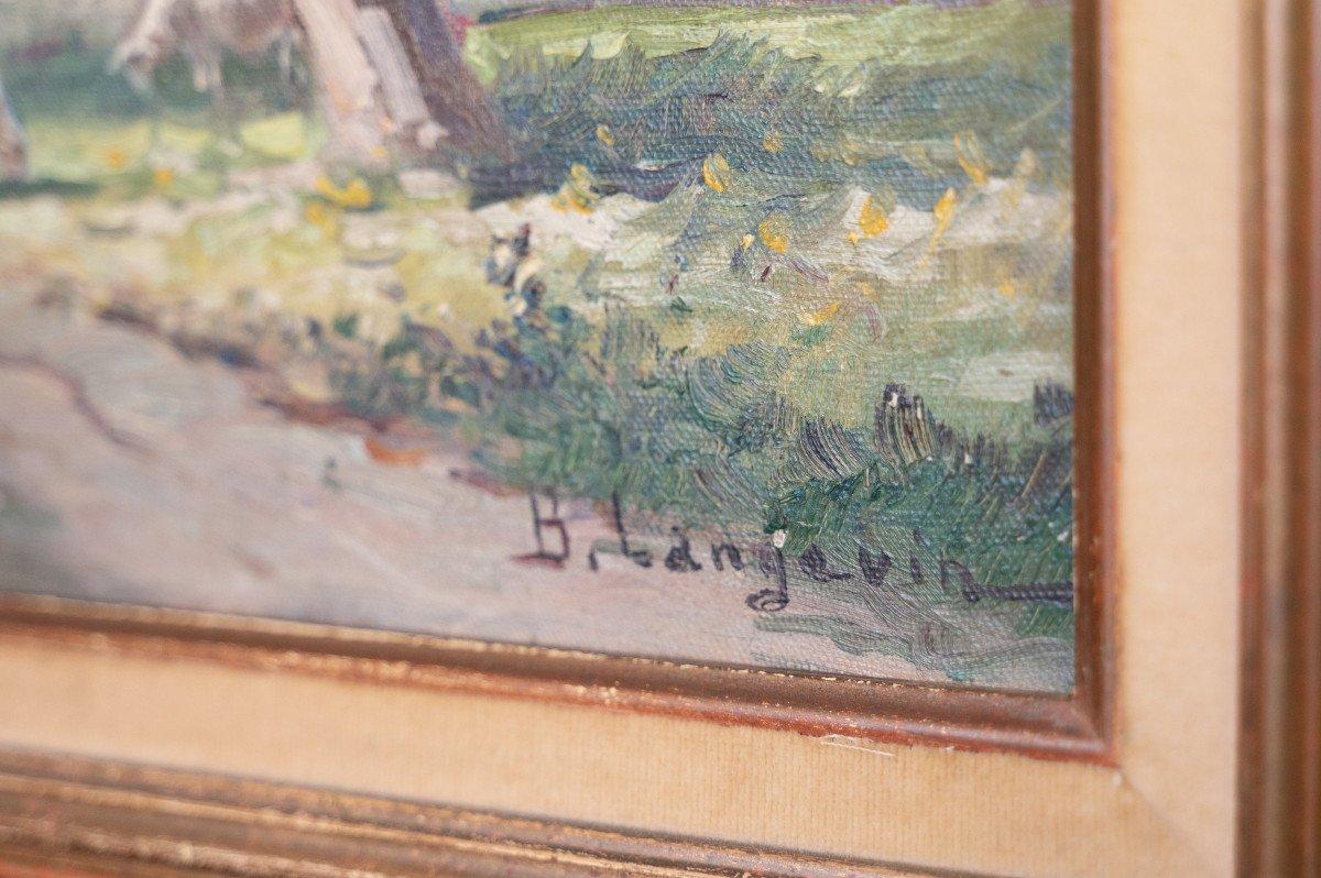 Landscape with blossom three, original antique oil on hardboard, French school - Impressionist Painting by Brigitte Langevin