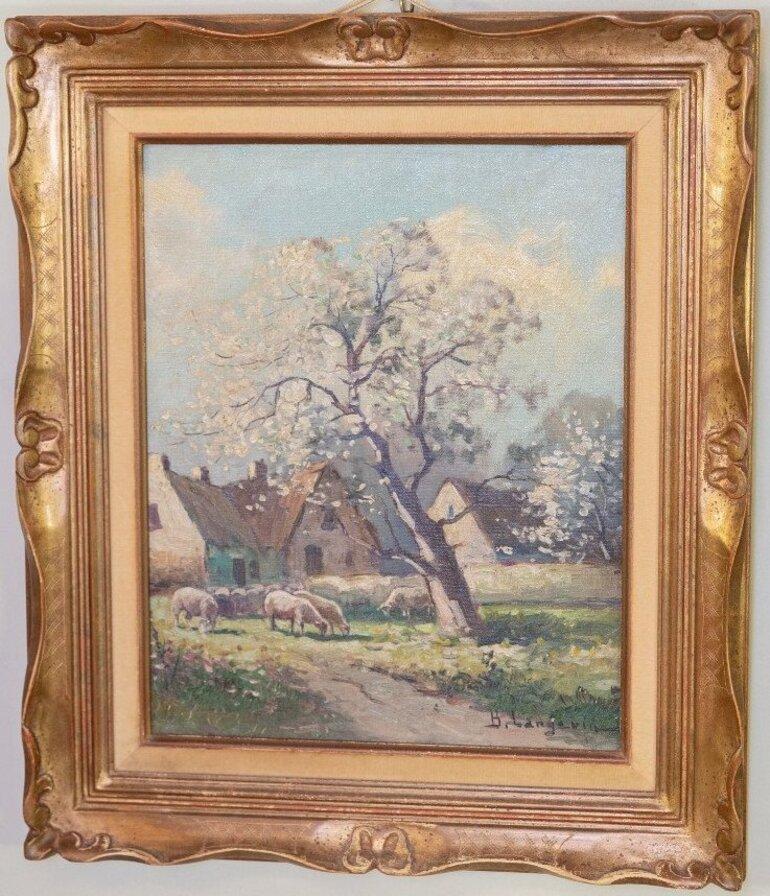 Landscape with blossom three, original antique oil on hardboard, French school