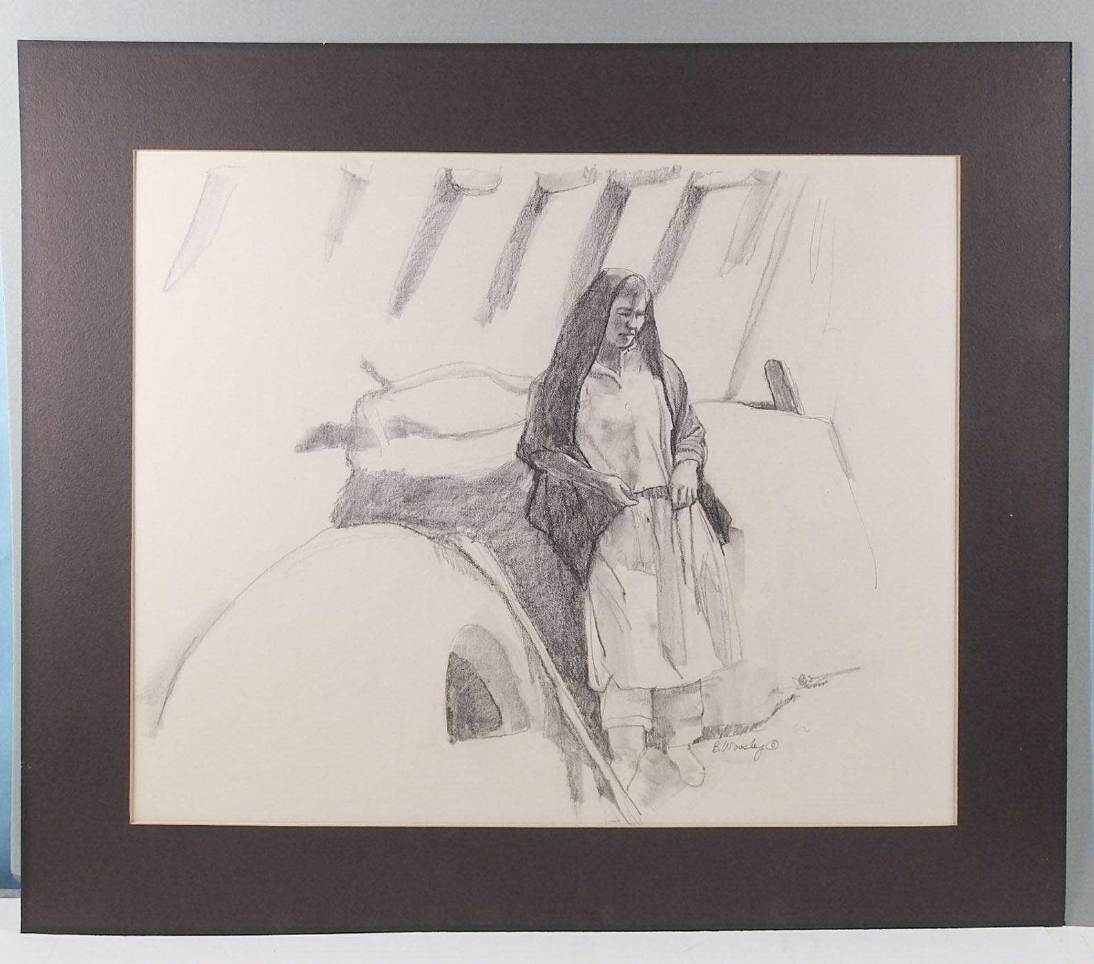 Late 20th century pencil study on artist board of a Pueblo woman by Brigitte Woosley. Signed lower right. Unframed. Displayed in black mat with backing. View area, 23.5