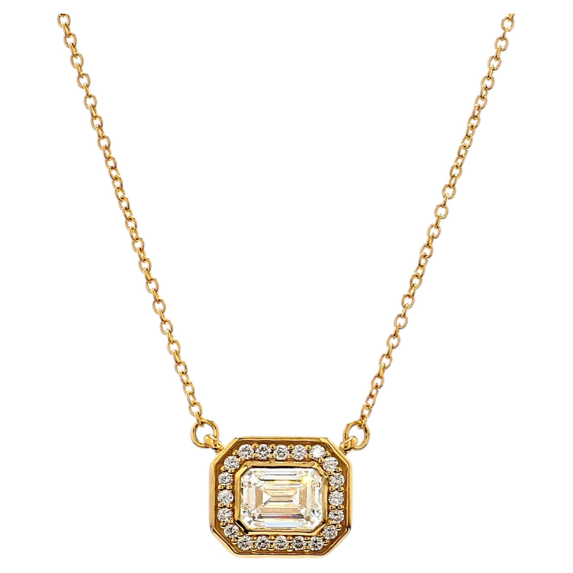 Brij Nivesh 1.02ct GIA Emerald-Cut Diamond Halo Necklace, 18K Gold For Sale