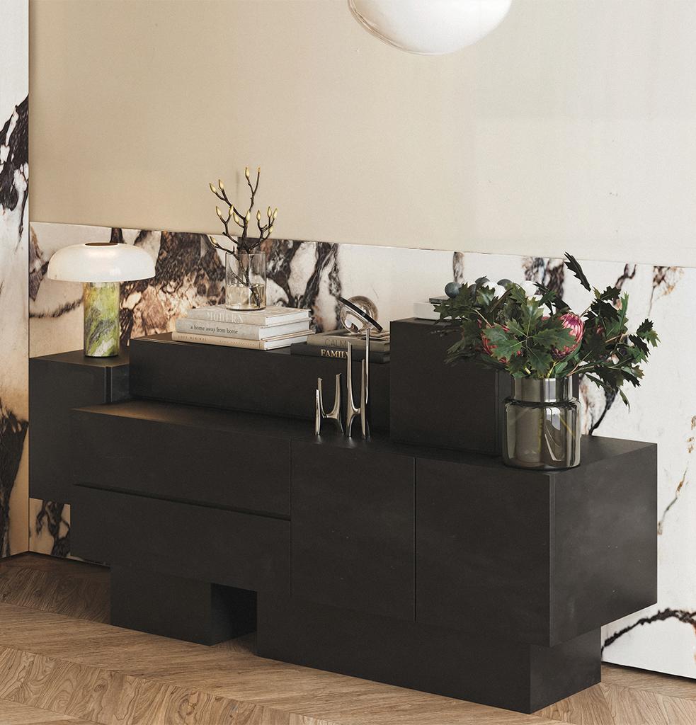 Mid-Century moderno Brik Consol Laccato Patina Nera di Hermhaus in vendita