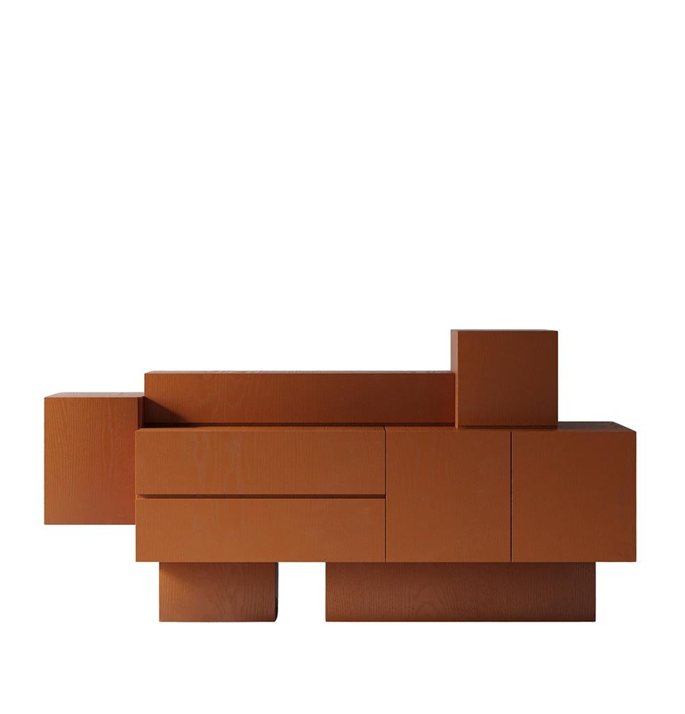 Mid-Century moderno Brik Consol Arancione impiallacciato Oak di Hermhaus in vendita