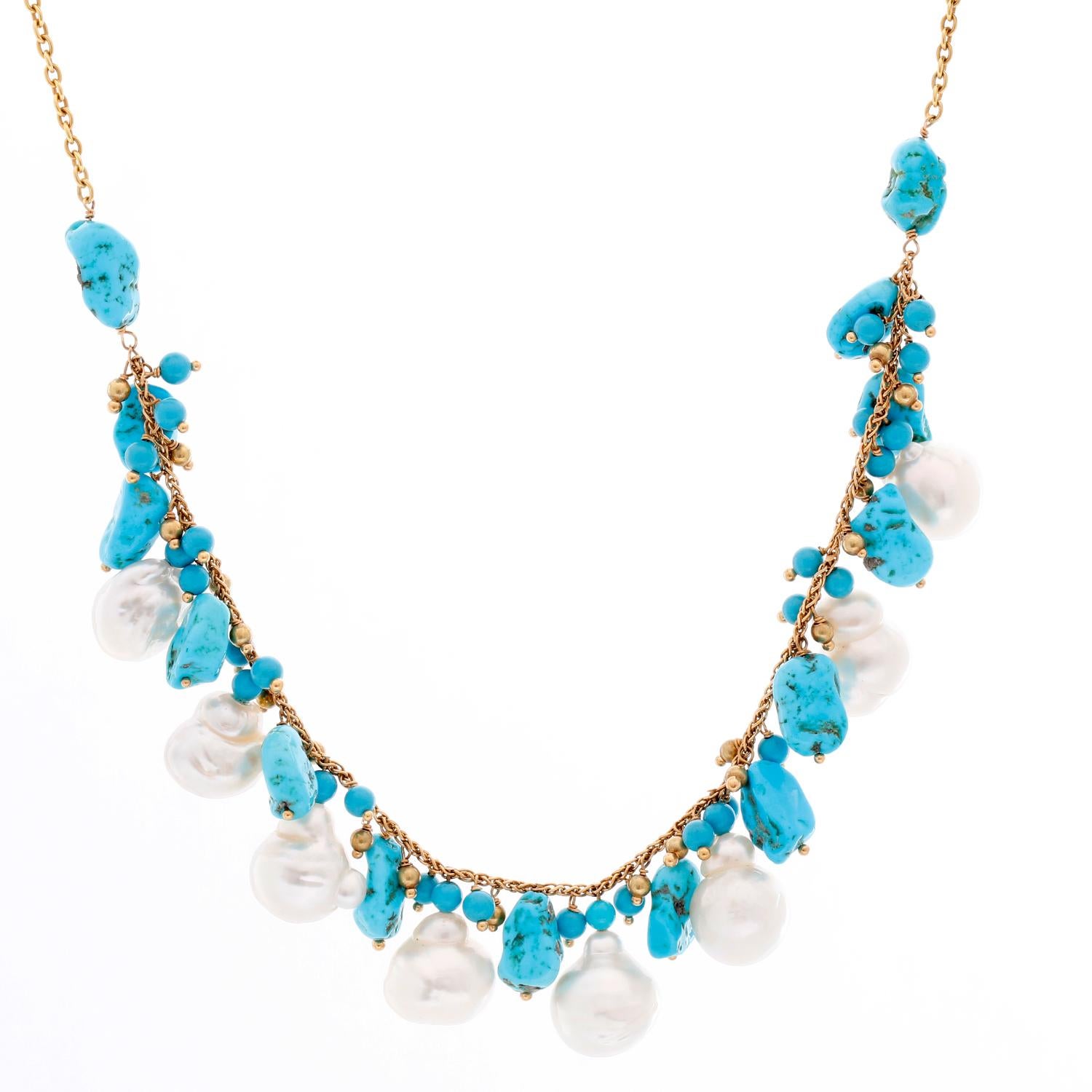 Turquoise and Baroque Pearls 14K Yellow Gold Necklace - Beautiful yellow gold necklace with 8 unique dangling baroque pearls separated by turquoise stones. Necklace measures 16 inches. Pre-owned with box. .