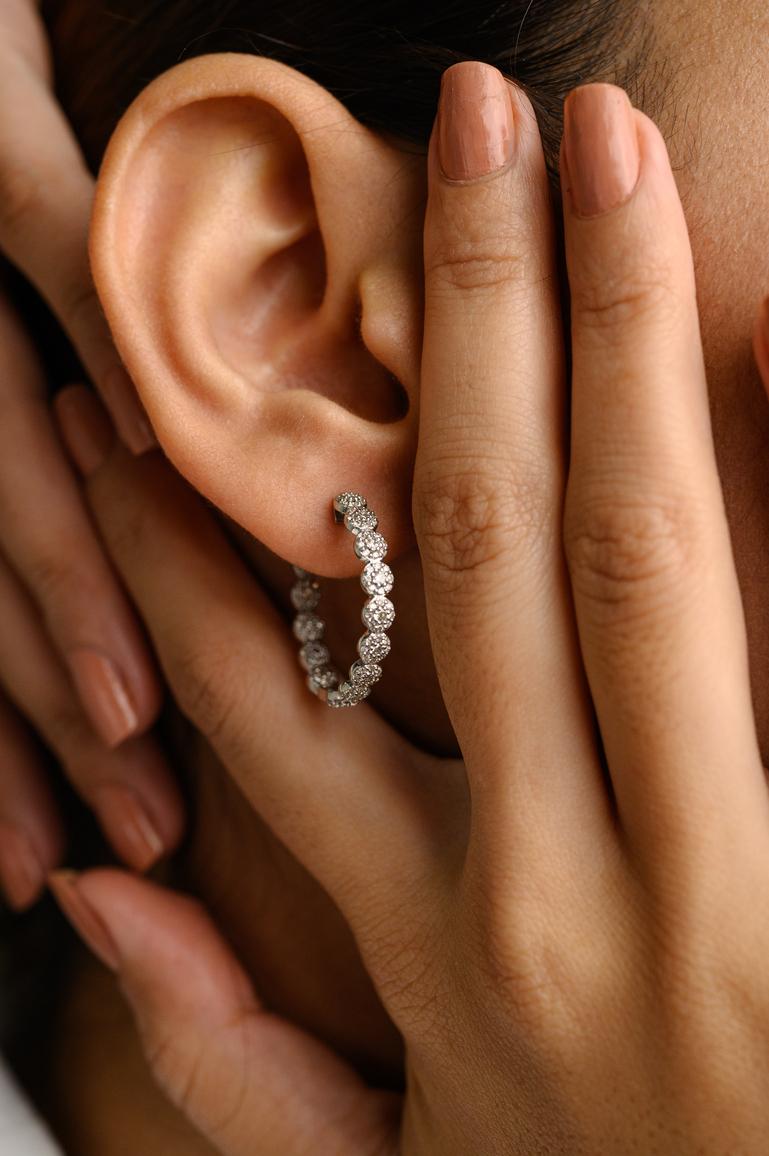 Modernist Brilliance Diamond Cluster Hoops Earrings Studded in 14k Solid White Gold For Sale
