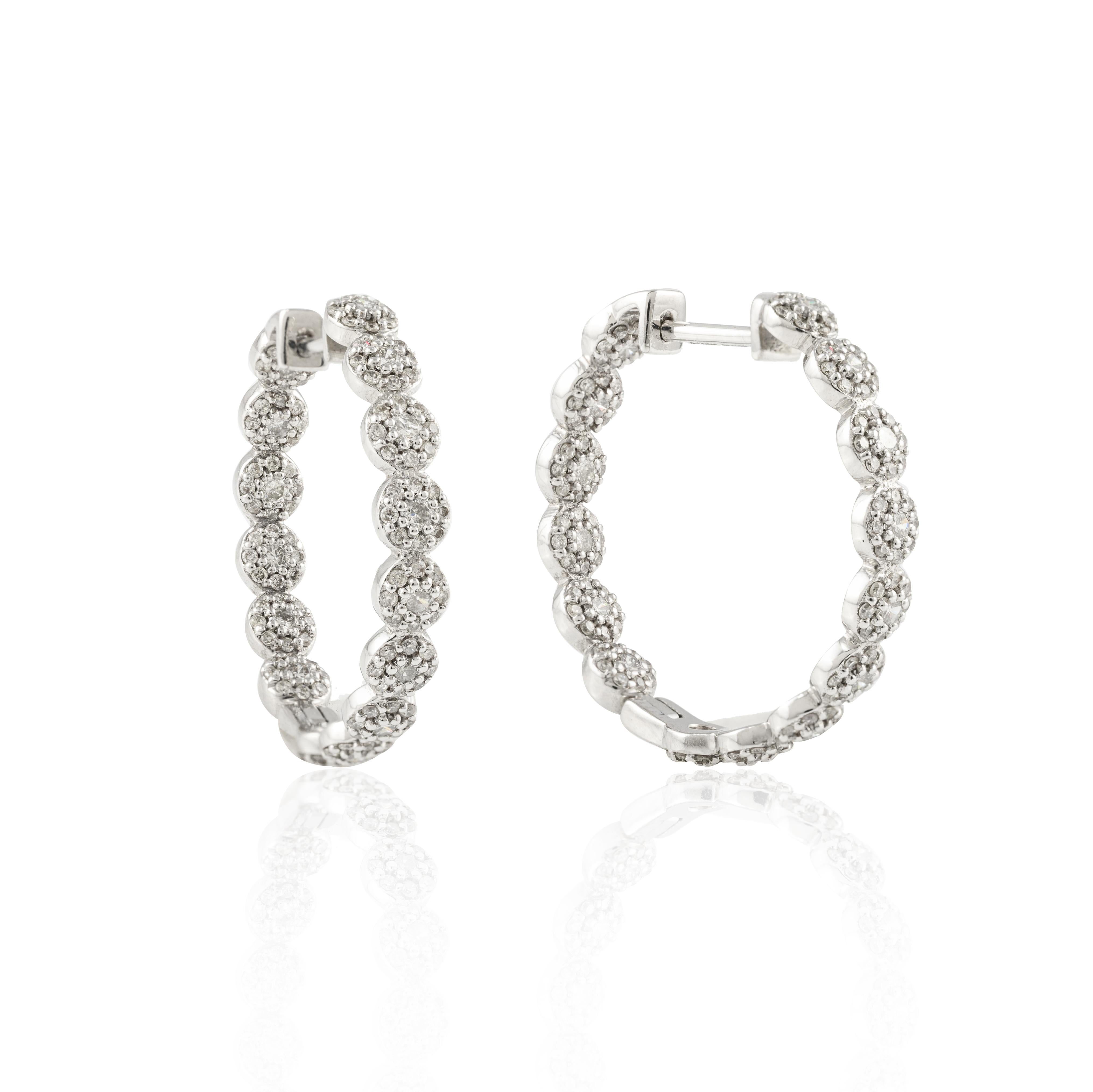 Round Cut Brilliance Diamond Cluster Hoops Earrings Studded in 14k Solid White Gold For Sale