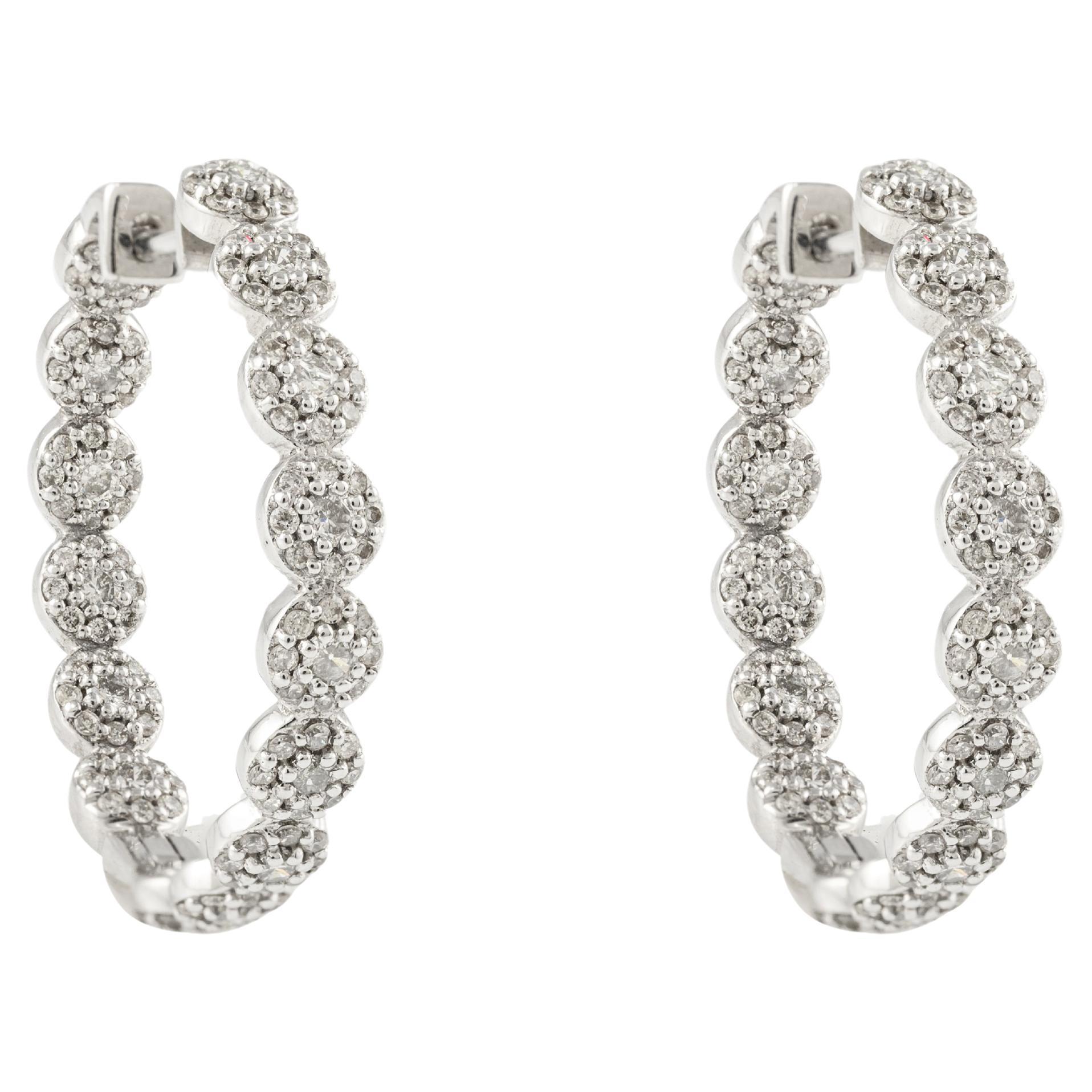 Brilliance Diamond Cluster Hoops Earrings Studded in 14k Solid White Gold For Sale