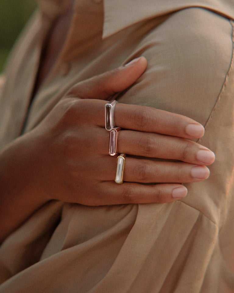 For Sale:  Brilliance Side Band Ring with Rose Quartz + Mother of Pearl in Rose Gold 2