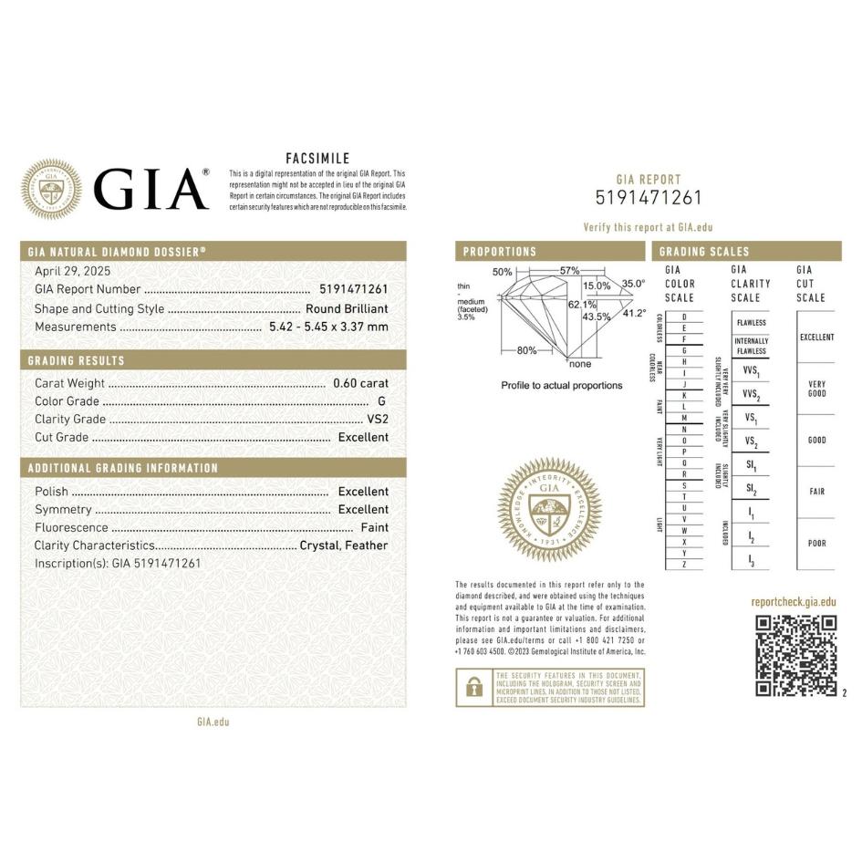 Brilliante 0.60ct Triplo Eccellente Taglio Ideale Diamante a Forma Rotonda - Certificato GIA

Questo diamante tondo brillante da 0,60 ct abbaglia con un prestigioso taglio triplo eccellente, che offre simmetria, lucentezza e proporzioni ideali per
