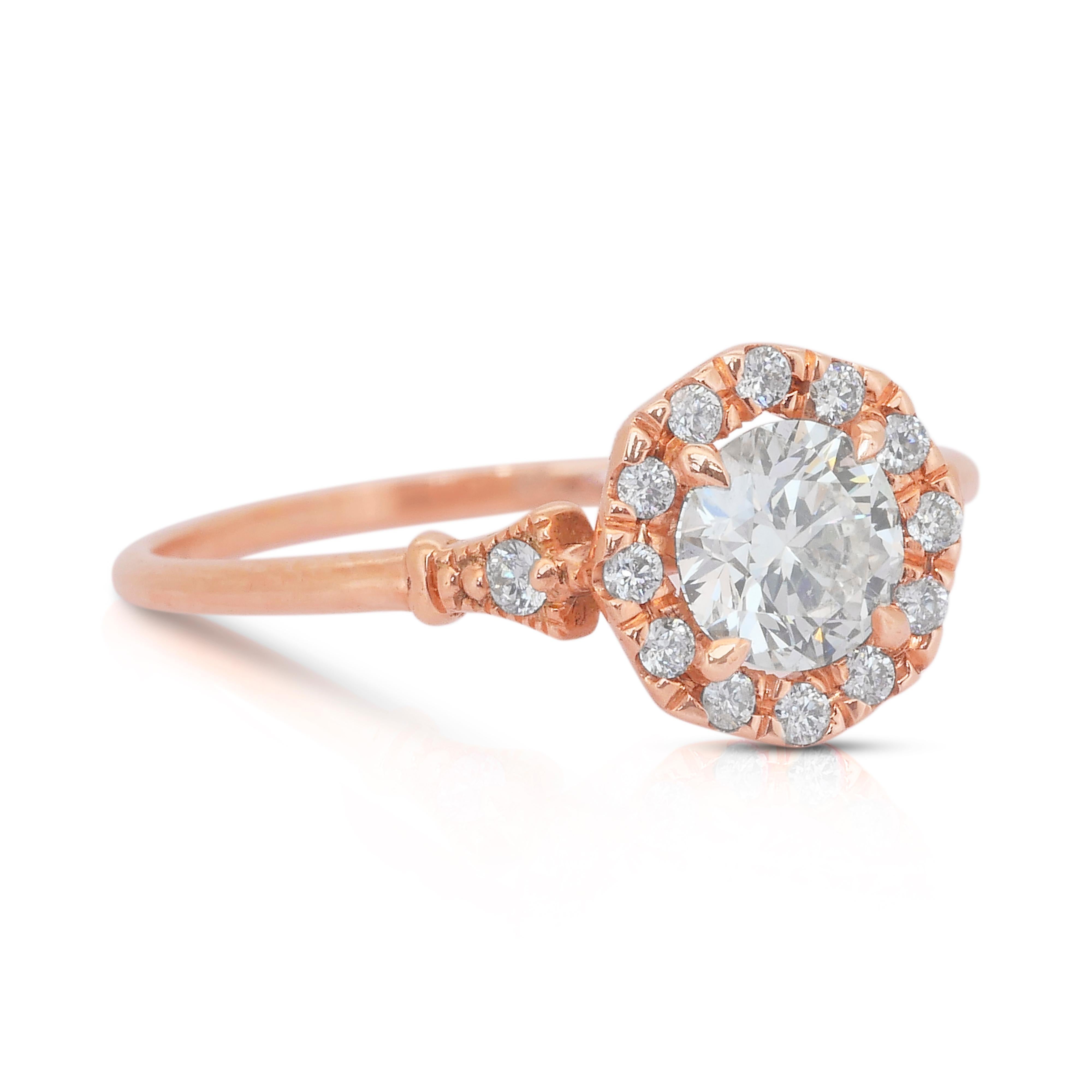Brilliant 0.74ct Diamonds Halo Ring in 14k Rose Gold - IGI Certified

Timeless and elegant, this 0.74-carat diamond ring is a radiant symbol of sophistication. The centerpiece, a 0.51ct round diamond, shines brilliantly, enhanced by 14 round side