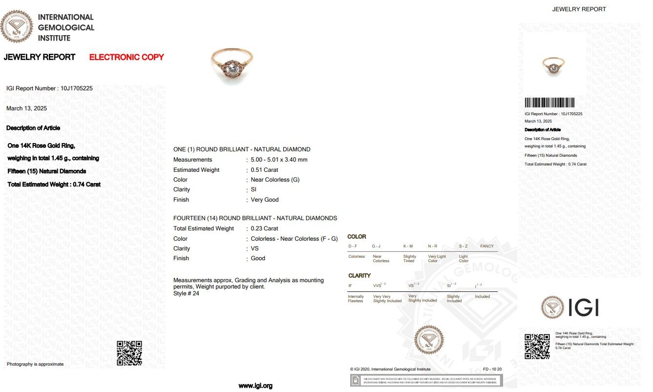 Women's Brilliant 0.74ct Diamonds Halo Ring in 14k Rose Gold - IGI Certified