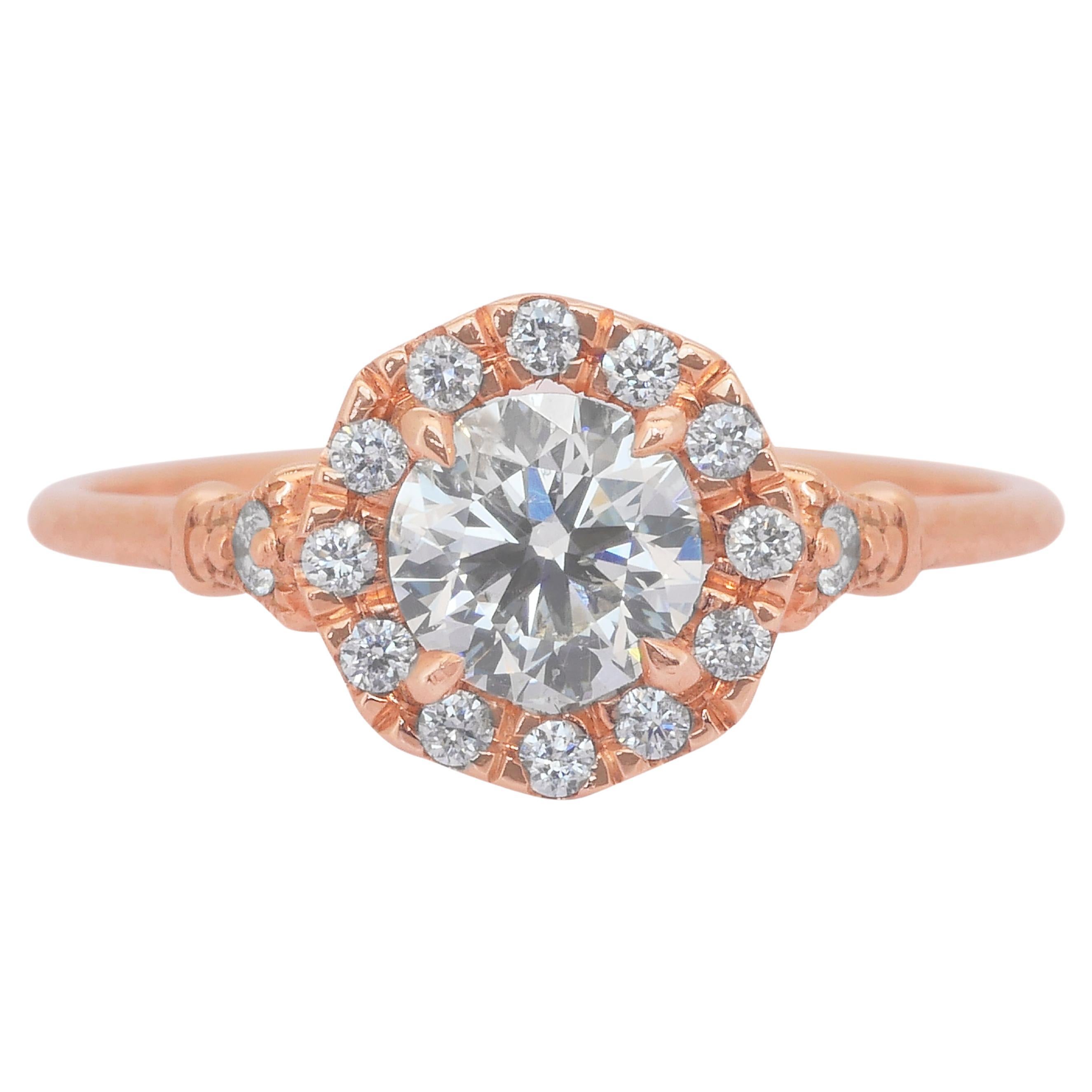 Brilliant 0.74ct Diamonds Halo Ring in 14k Rose Gold - IGI Certified