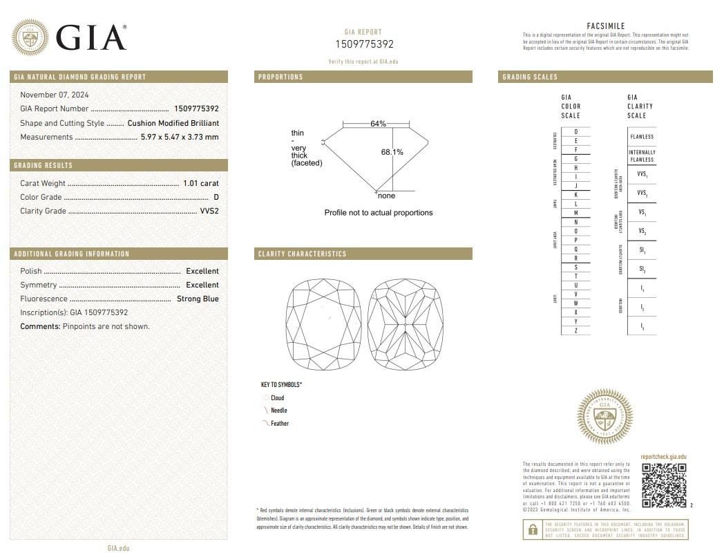 Diamante brillante a forma di cuscino con doppio taglio ideale eccellente da 1.01 carati - Certificato GIA

Un vero tesoro di bellezza senza tempo, questo diamante da 1,01 carati con taglio a cuscino è il centro perfetto per qualsiasi creazione di