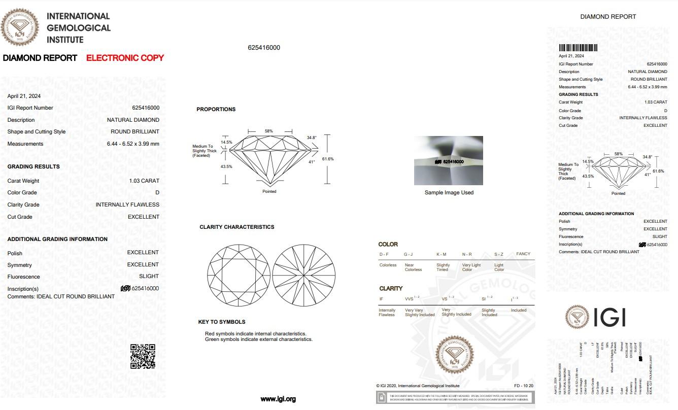 Taille ronde Brilliante 1,03ct Ideal Cut Round Diamond - IGI Certified en vente