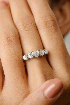 Five Diamond Heart Engagement Band Ring in 18k Solid White Gold