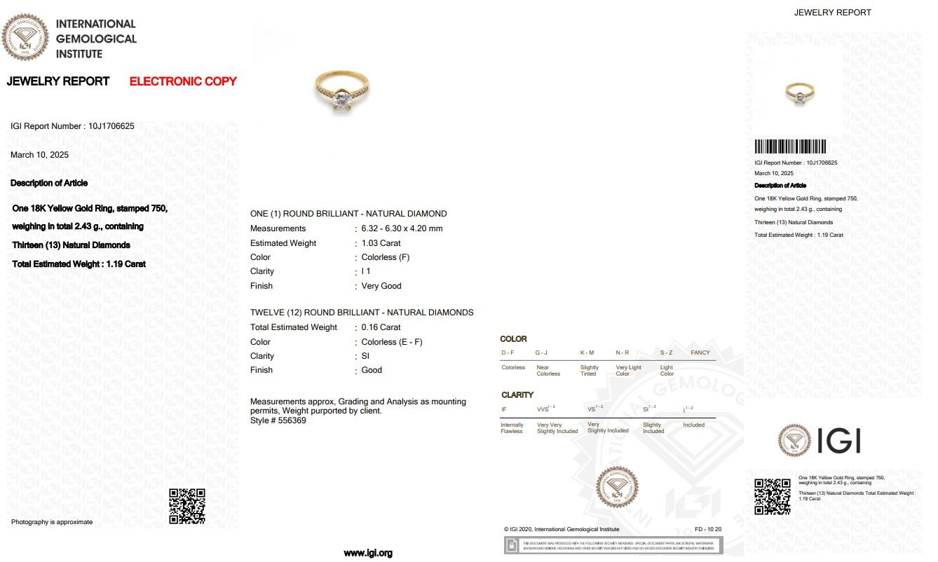 Bague en or jaune 18 carats avec diamants pavés de 1,19 carat, certifiée IGI en vente 1