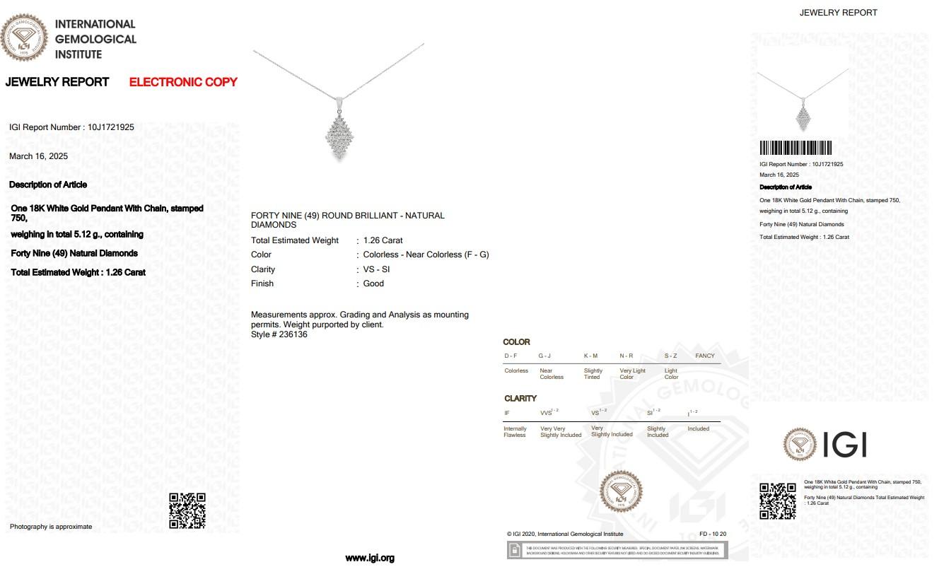 Donna Collana con diamanti Brilliante 1,26ct e ciondolo in oro bianco 18k in vendita