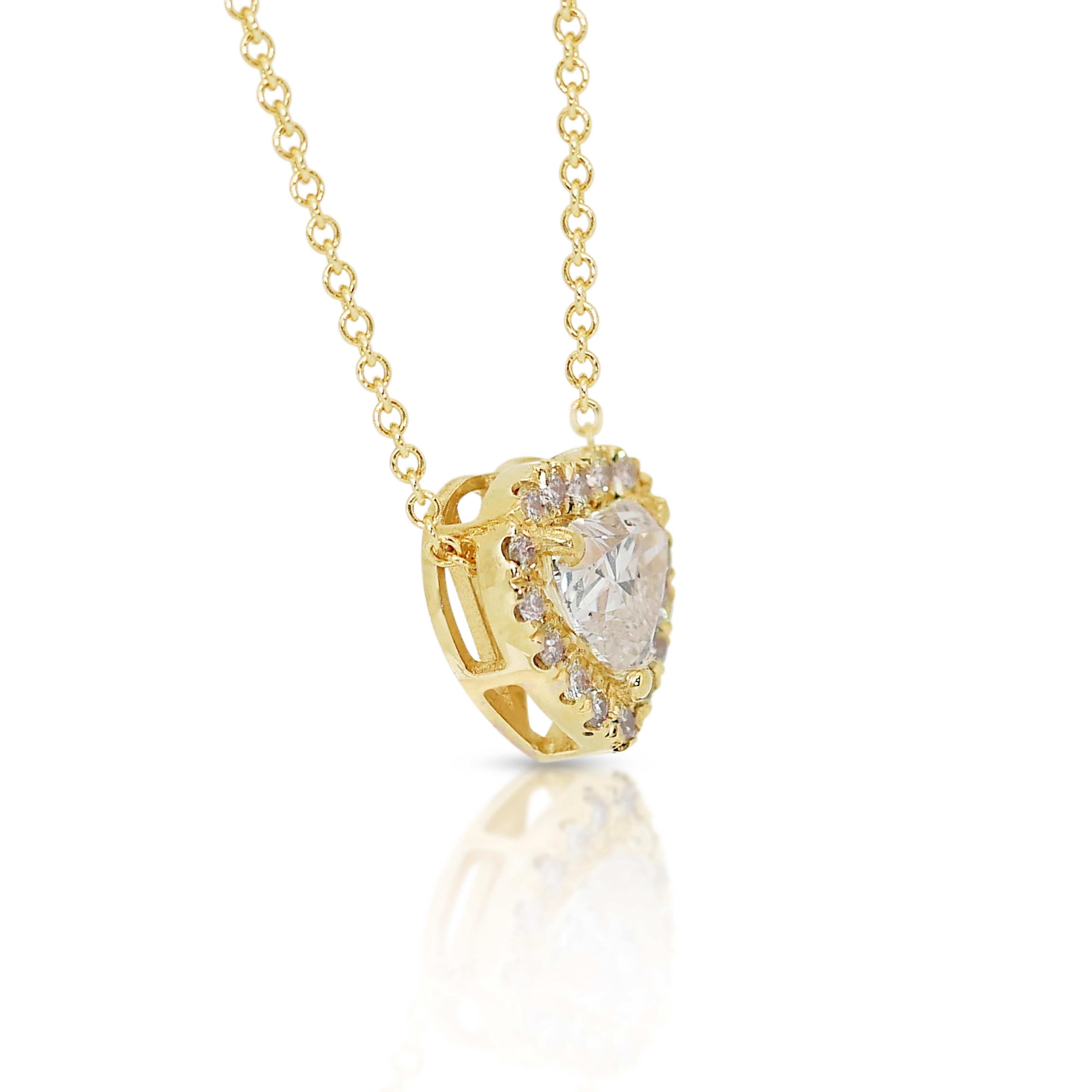 Heart Cut Brilliant 1.28ct Diamonds Halo Necklace in 18k Yellow Gold - IGI Certified For Sale