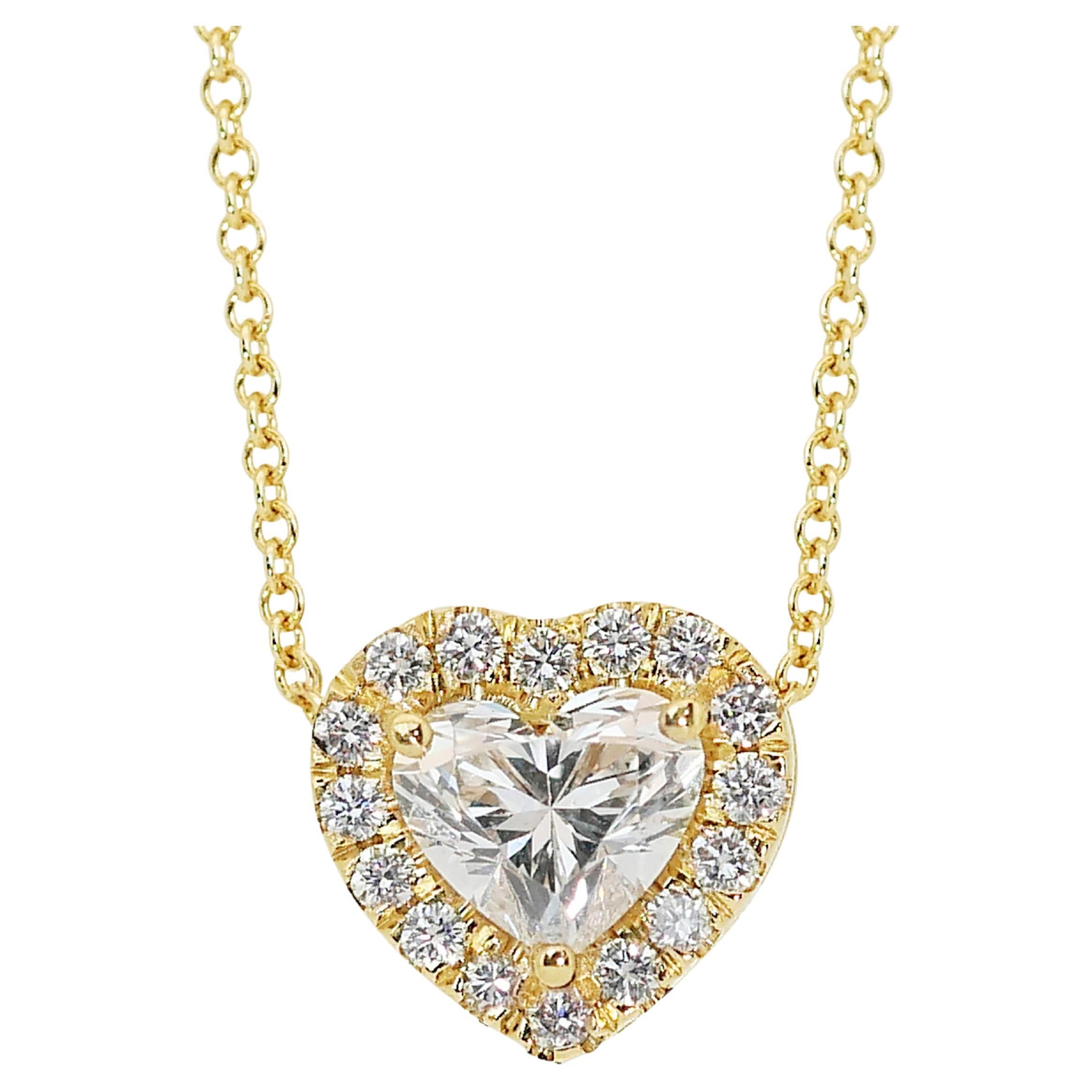 Brilliant 1.28ct Diamonds Halo Necklace in 18k Yellow Gold - IGI Certified For Sale