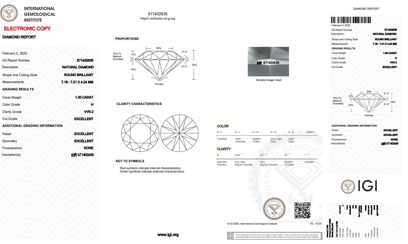 Round Cut Brilliant 1.30ct Triple Excellent Ideal Cut Round-Shaped Diamond - IGI Certified For Sale