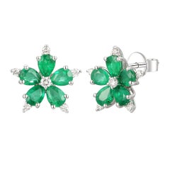 Brilliant 14 Karat White Gold, Diamond and Emerald Flower Earrings