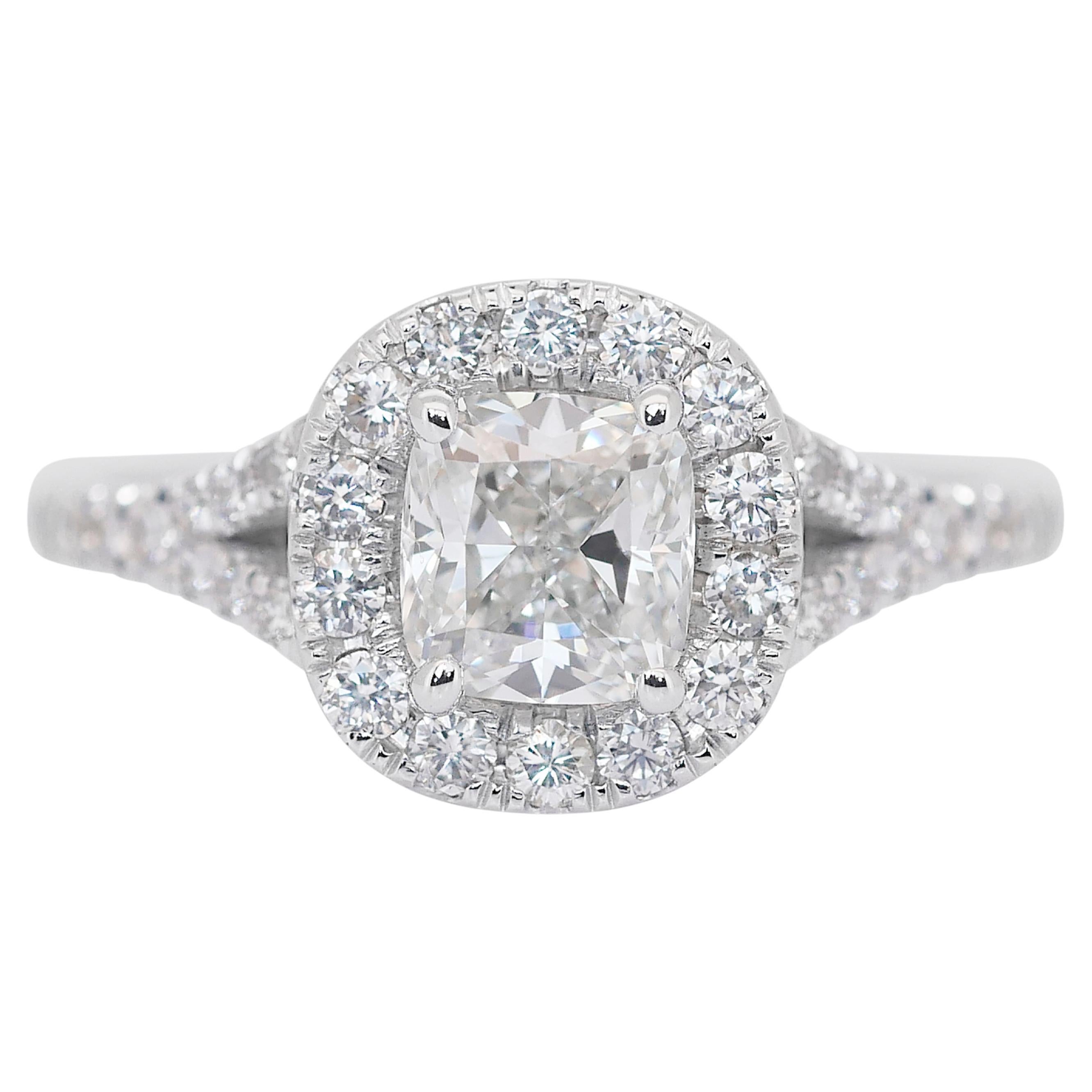Brilliant 1.45ct Diamond Halo Ring in 18k White Gold - IGI Certified