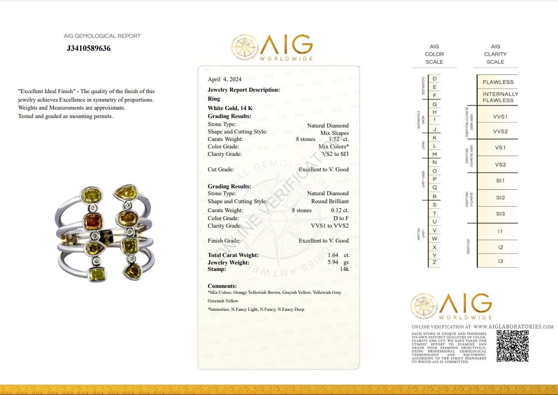 Women's Brilliant 14k White Gold Fancy Colored Diamond Ring w/1.64 ct - AIG Certified For Sale