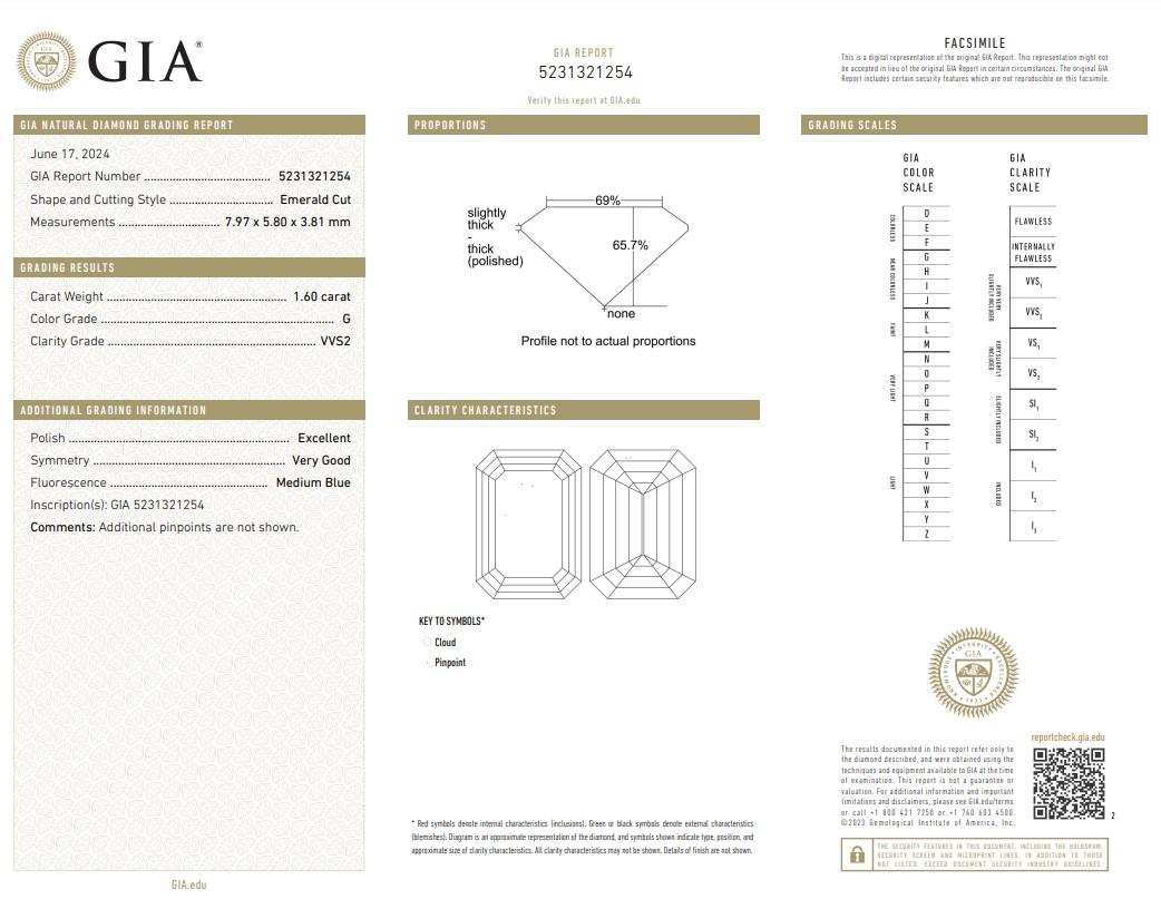 Brilliant 1.60ct Ideal Cut Emerald Cut Diamond - GIA Certified

Presenting a captivating 1.60-carat emerald-cut diamond, that is elegantly proportioned, showcasing its captivating facets and maximizing its brilliance. Accompanied by a GIA, this