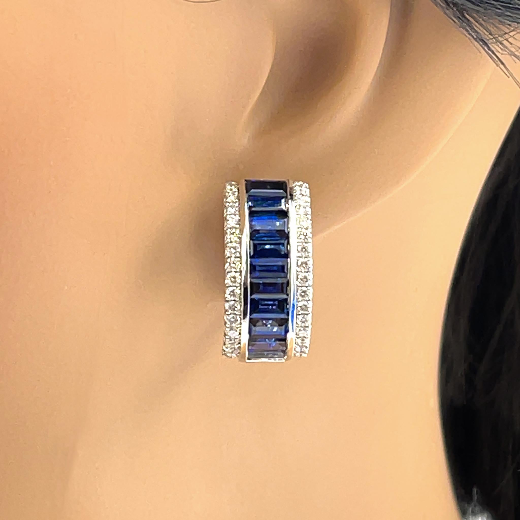 Baguette Cut Brilliant 18 Kt White Gold Sapphire and Diamond Huggie Earrings