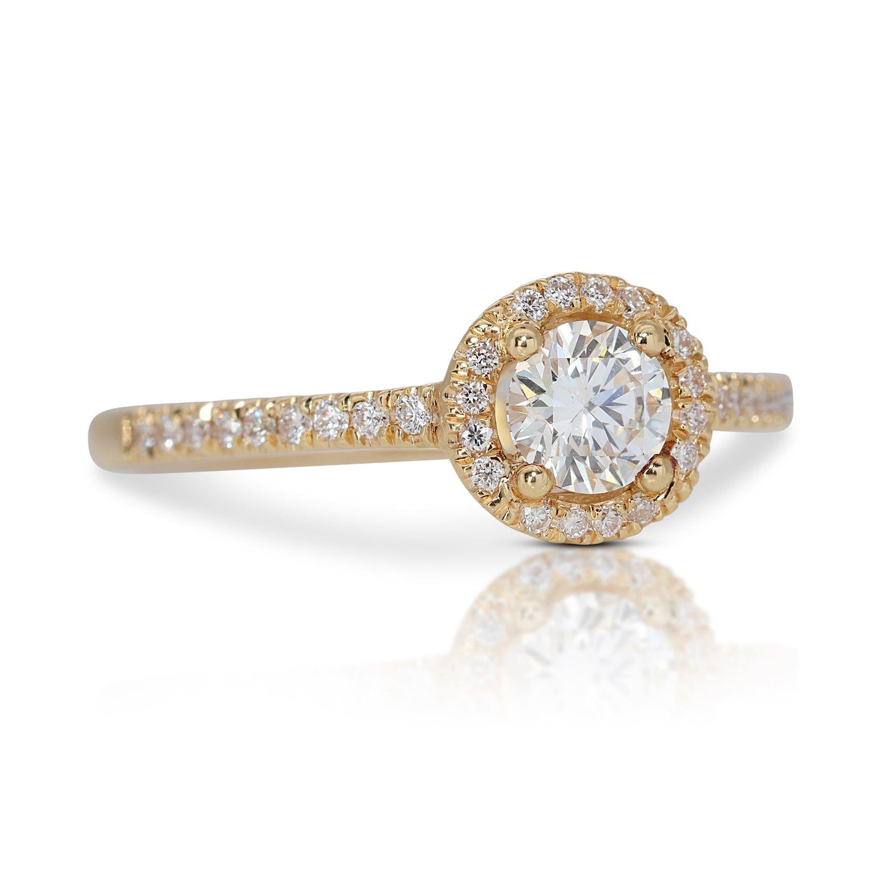 Round Cut Brilliant 18K Yellow Gold Natural Diamond Halo Ring w/0.93 Carat - GIA Certified For Sale