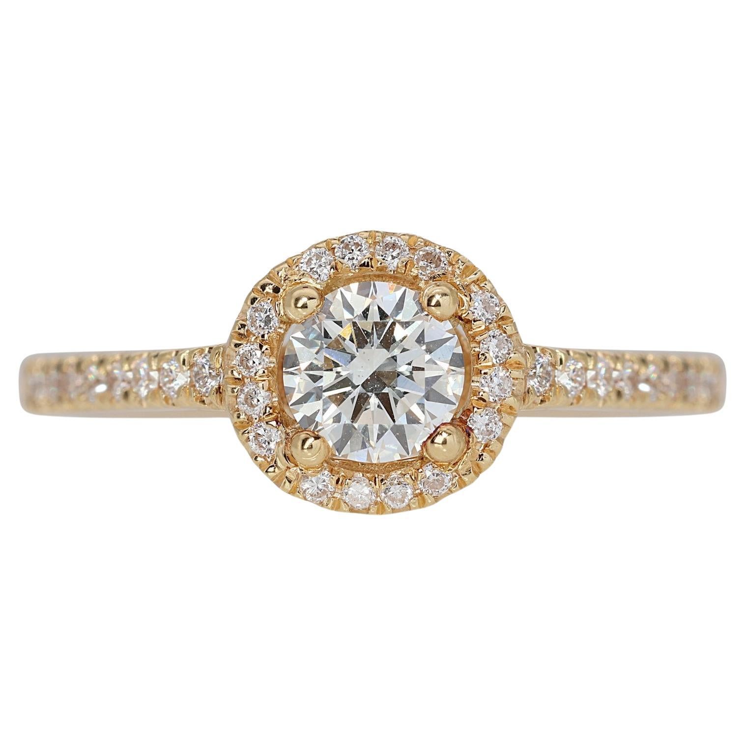 Brilliant 18K Yellow Gold Natural Diamond Halo Ring w/0.93 Carat - GIA Certified For Sale