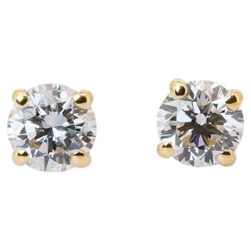 Brilliant 18K Yellow Gold Stud Diamond Earrings with 1.41ct - GIA Certified For Sale