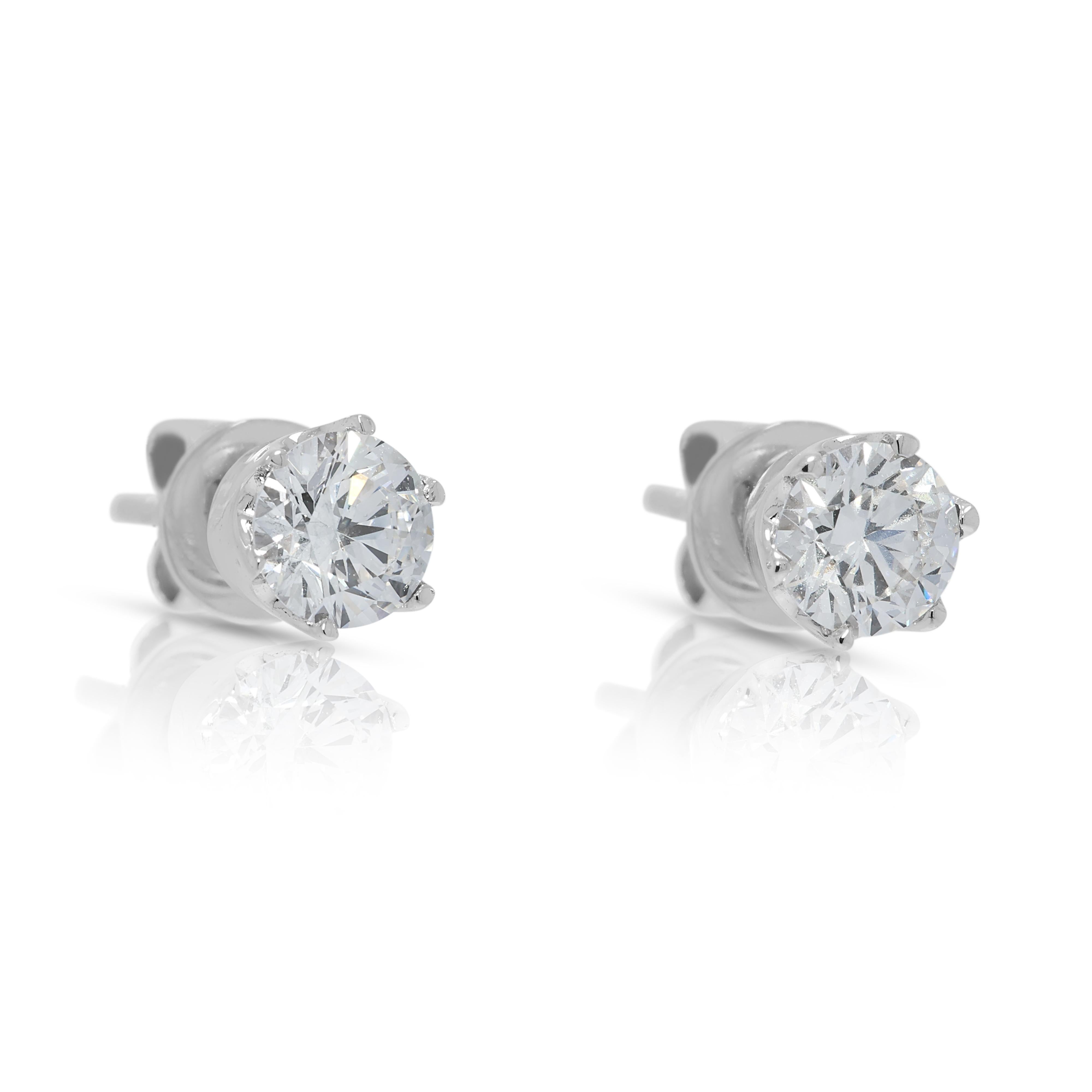 Round Cut Brilliant 1ct Natural Diamond Stud Earrings in 18K White Gold For Sale