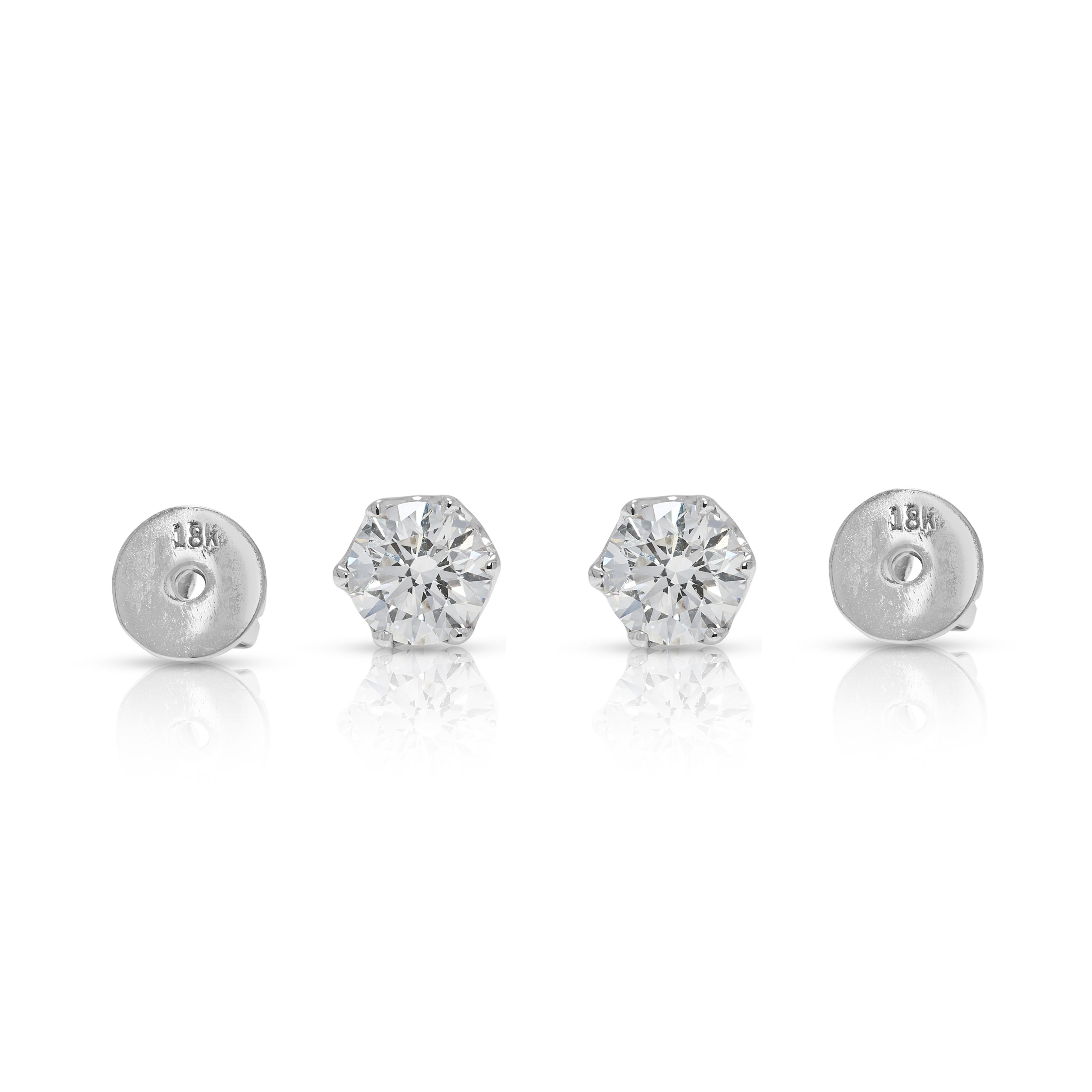 Brilliant 1ct Natural Diamond Stud Earrings in 18K White Gold For Sale 2