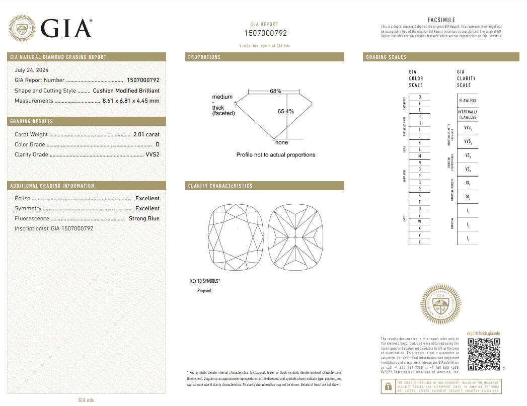 Diamante brillante a forma di cuscino con doppio taglio ideale eccellente da 2.01 carati - Certificato GIA

Eleva qualsiasi creazione di gioielleria con questo straordinario diamante da 2,01 carati con taglio a cuscino, un vero simbolo di lusso e