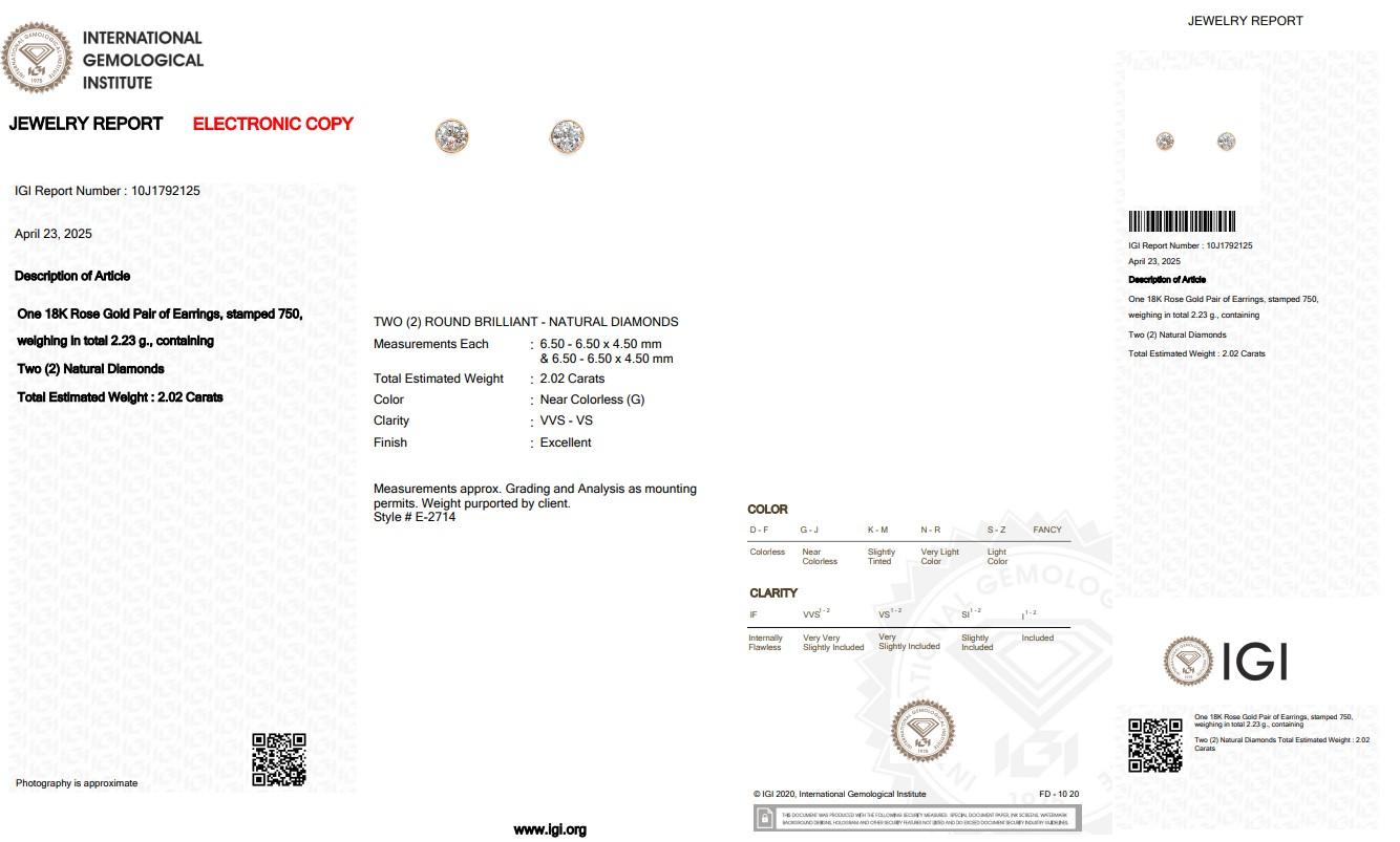 Orecchini con diamanti Brilliante 2,02ct in oro rosa 18k - certificati IGI in vendita 1