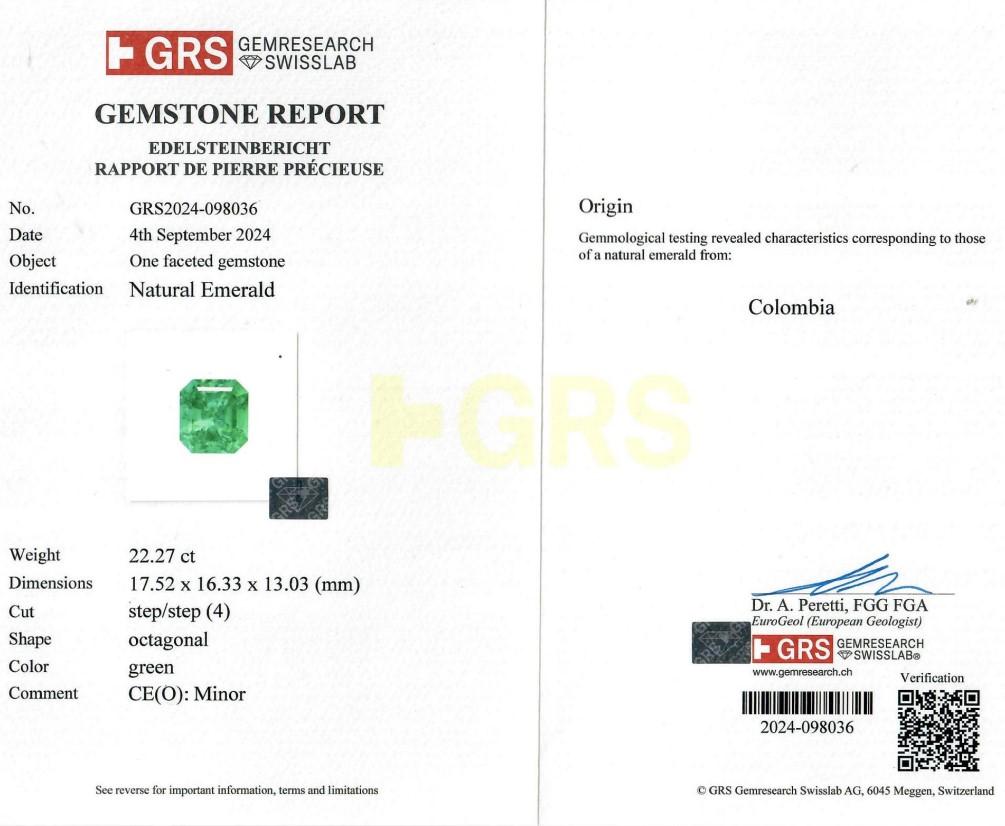 Der Hauptstein dieses atemberaubenden Stücks ist ein atemberaubender Smaragd mit einem beeindruckenden Karatgewicht von 22,28 Karat. Der Smaragd ist in einer strahlenden Form geschliffen, die seine lebendige grüne Farbe wunderschön zur Geltung