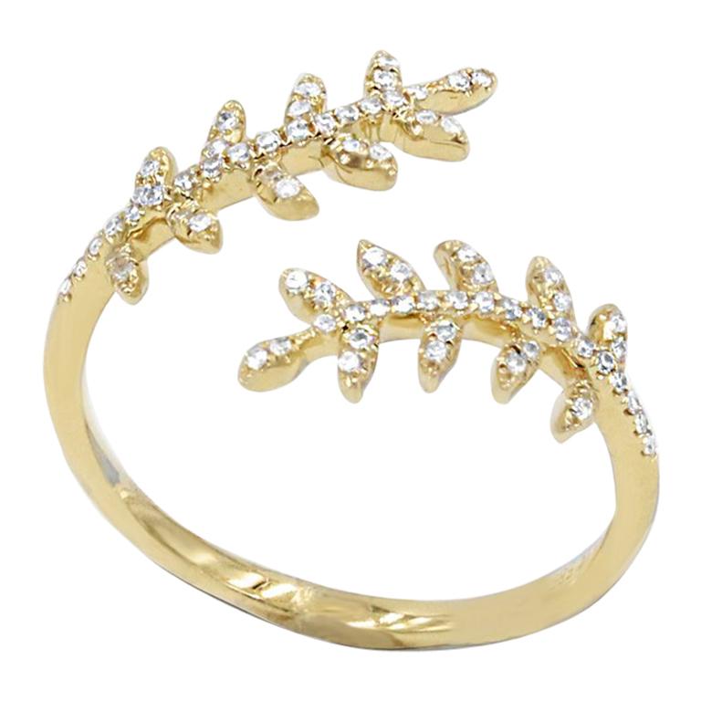 Brilliant .31 Carat Diamond Pave 14 Karat Yellow Fashion Feather Wreath Ring For Sale