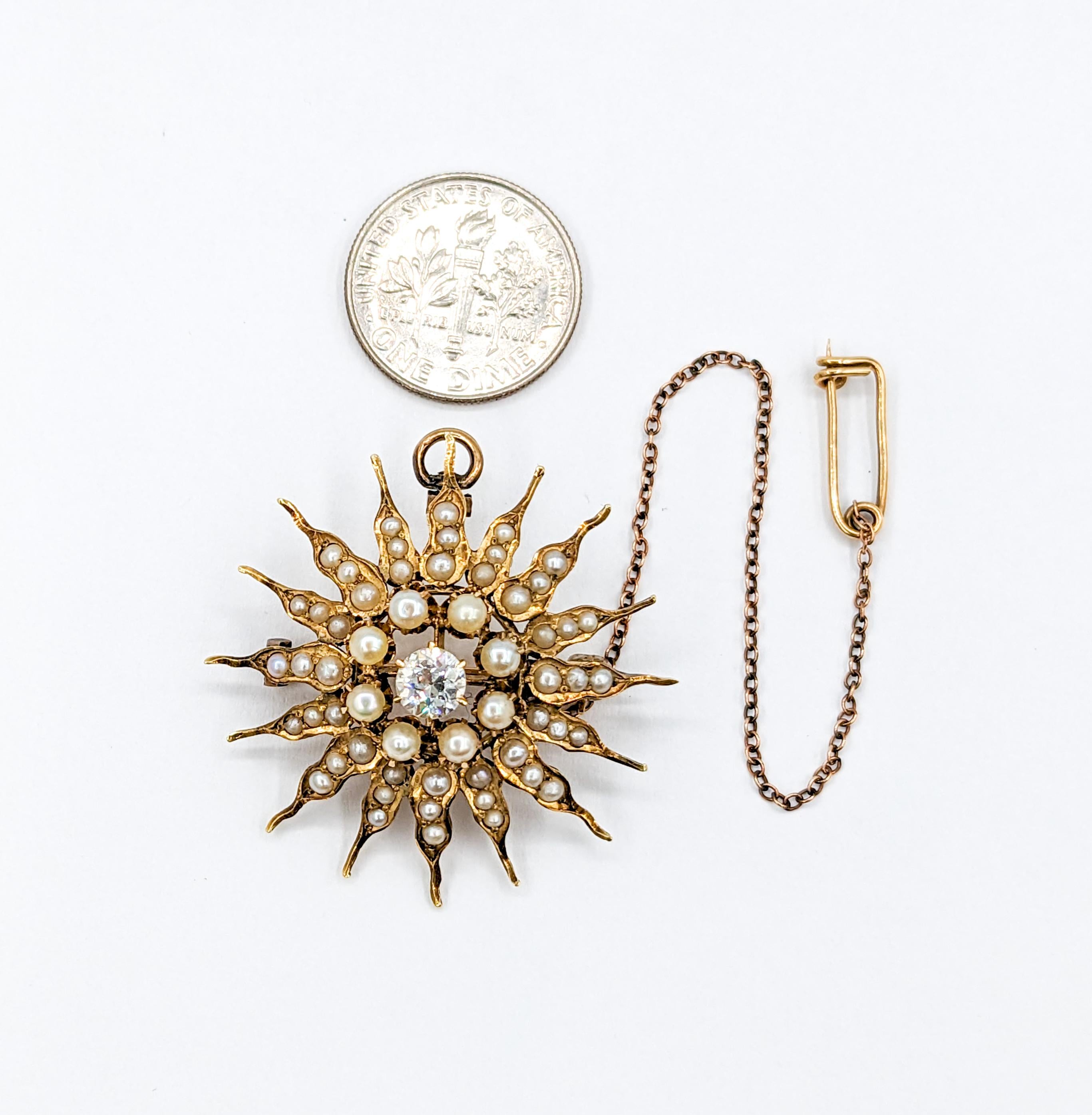 Post-War Brilliant .50ct Old European Cut Diamond & Pearl Pendant Pin Brooch For Sale