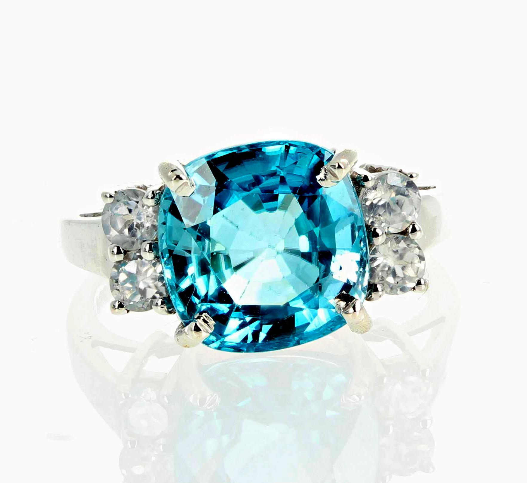 AJD Intense Blue 6.82Ct. Natural Cambodian Zircon & Real Diamonds Cocktail Ring In New Condition In Raleigh, NC
