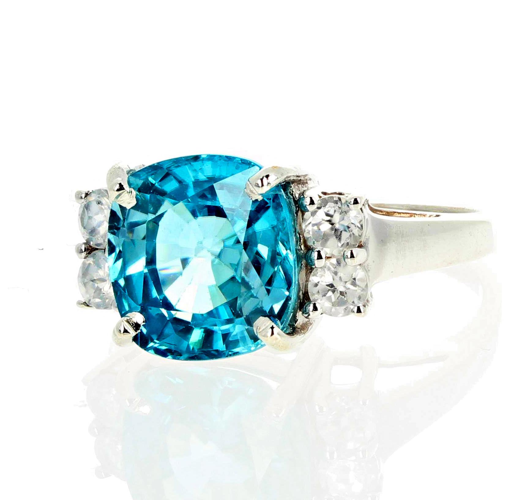 AJD Intense Blue 6.82Ct. Natural Cambodian Zircon & Real Diamonds Cocktail Ring 2