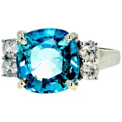 AJD Intense Blue 6.82Ct. Natural Cambodian Zircon & Diamonds Cocktail Ring