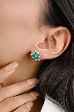 Brilliant AAA Emerald Wedding Stud Earrings with Diamonds in 18k White Gold