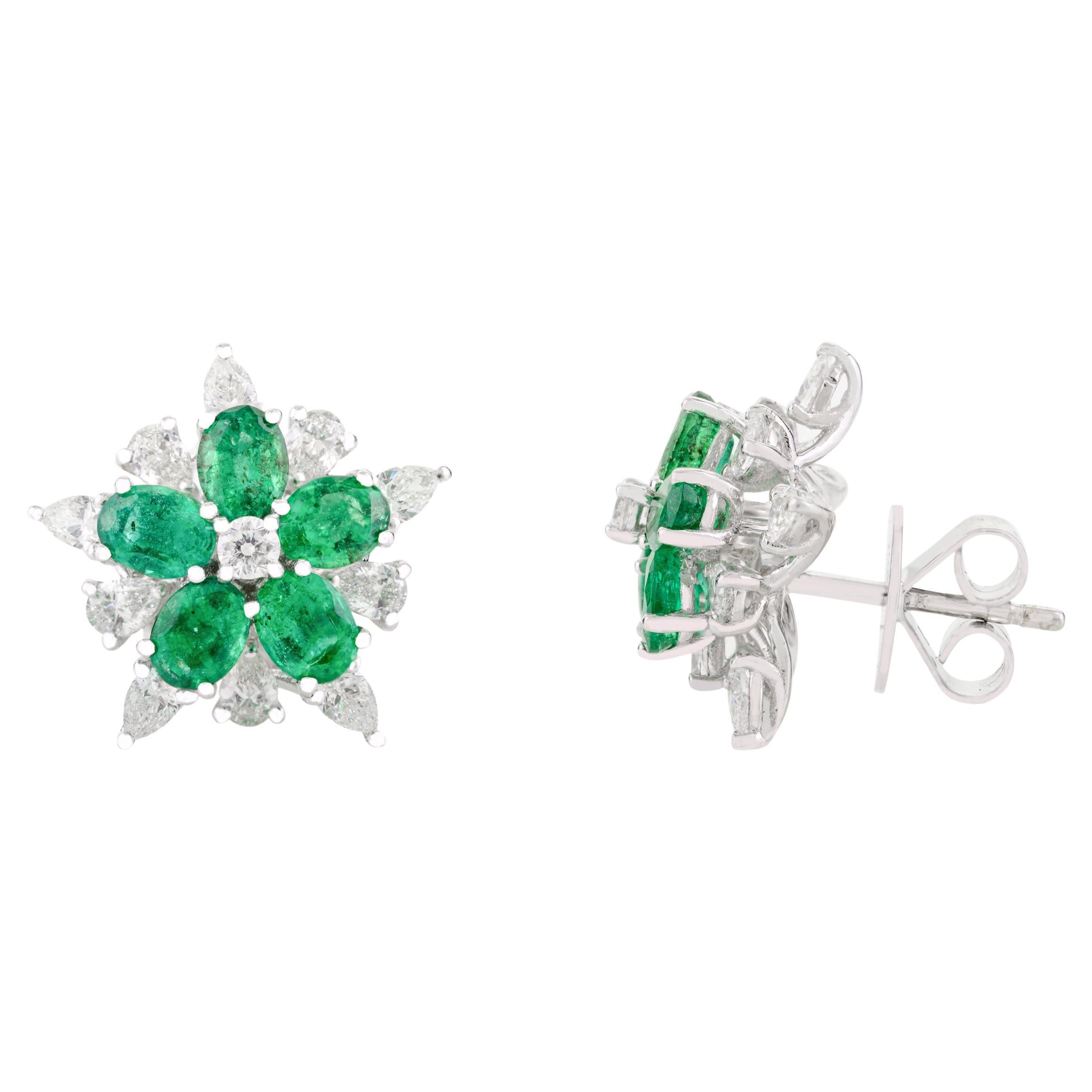 Brilliant AAA Emerald Wedding Stud Earrings with Diamonds in 18k White Gold