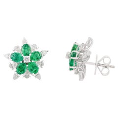 Brilliant AAA Emerald Wedding Stud Earrings with Diamonds in 18k White Gold