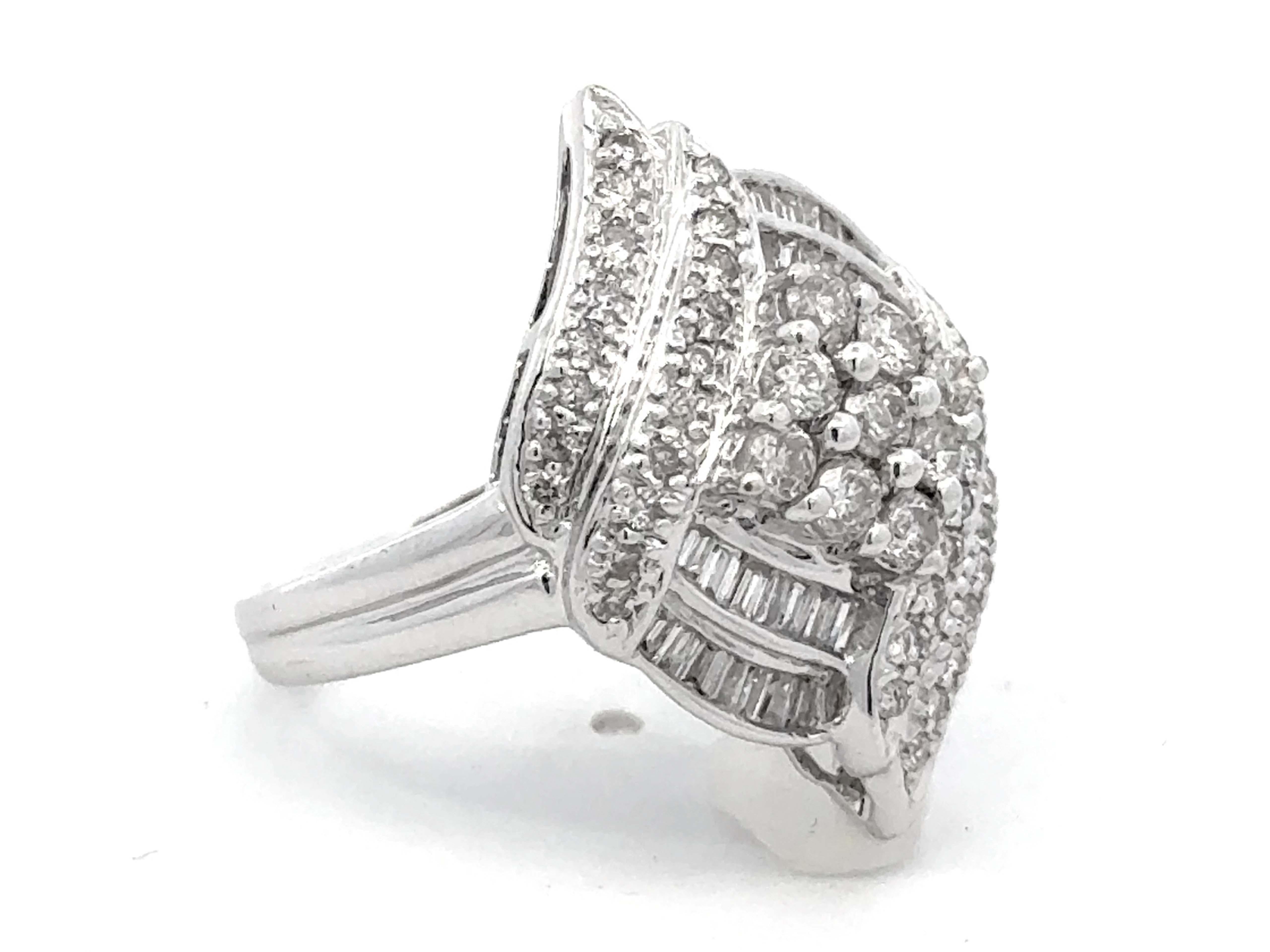 Modern Brilliant and Baguette Diamond Ring 18k White Gold For Sale