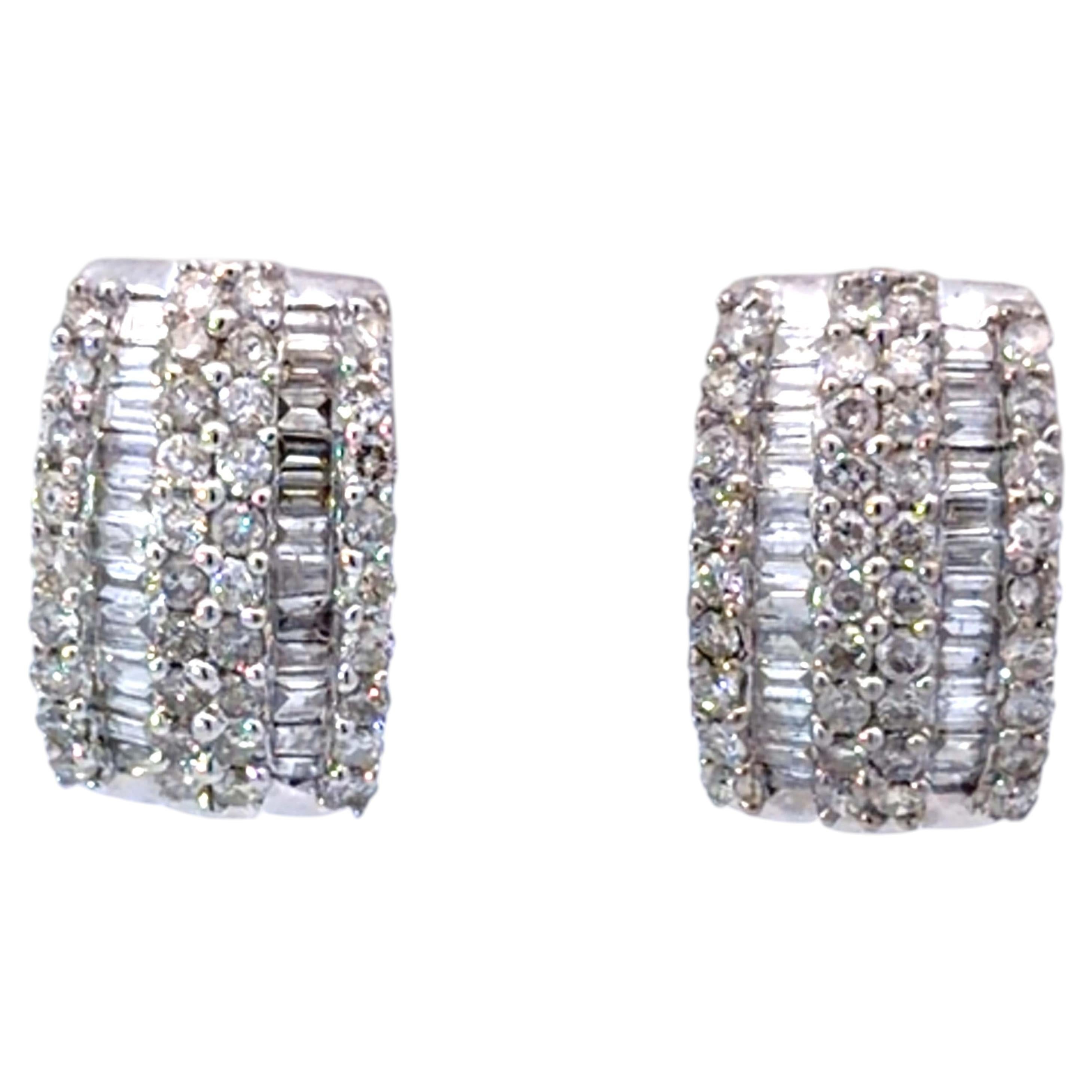 Brilliant and Baguette Diamond Row 14K White Gold Earrings