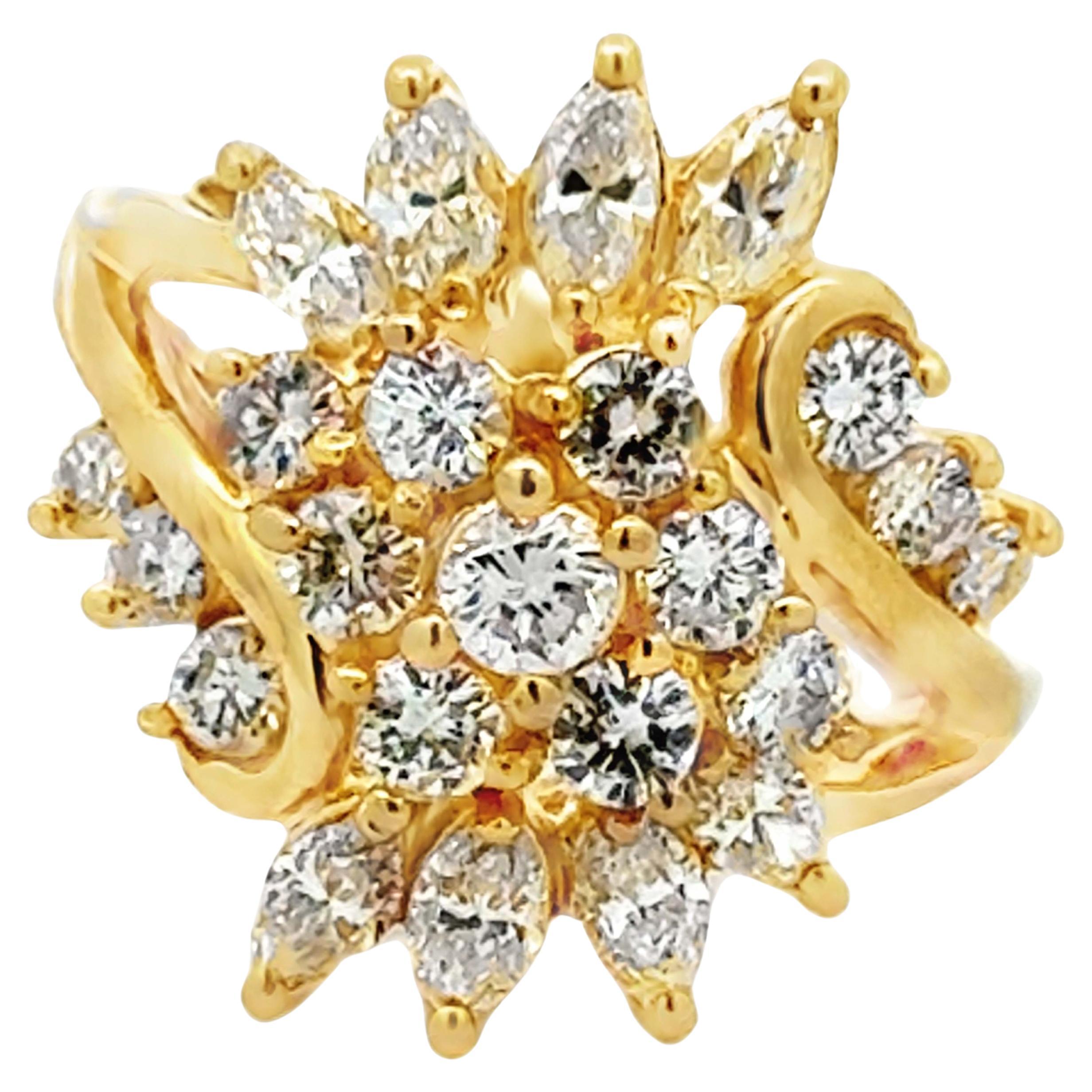 Brilliant and Marquise Multi Diamond Large Cluster Ring 14k Yellow Gold