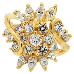 Brilliant and Marquise Multi Diamond Large Cluster Ring 14k Yellow Gold