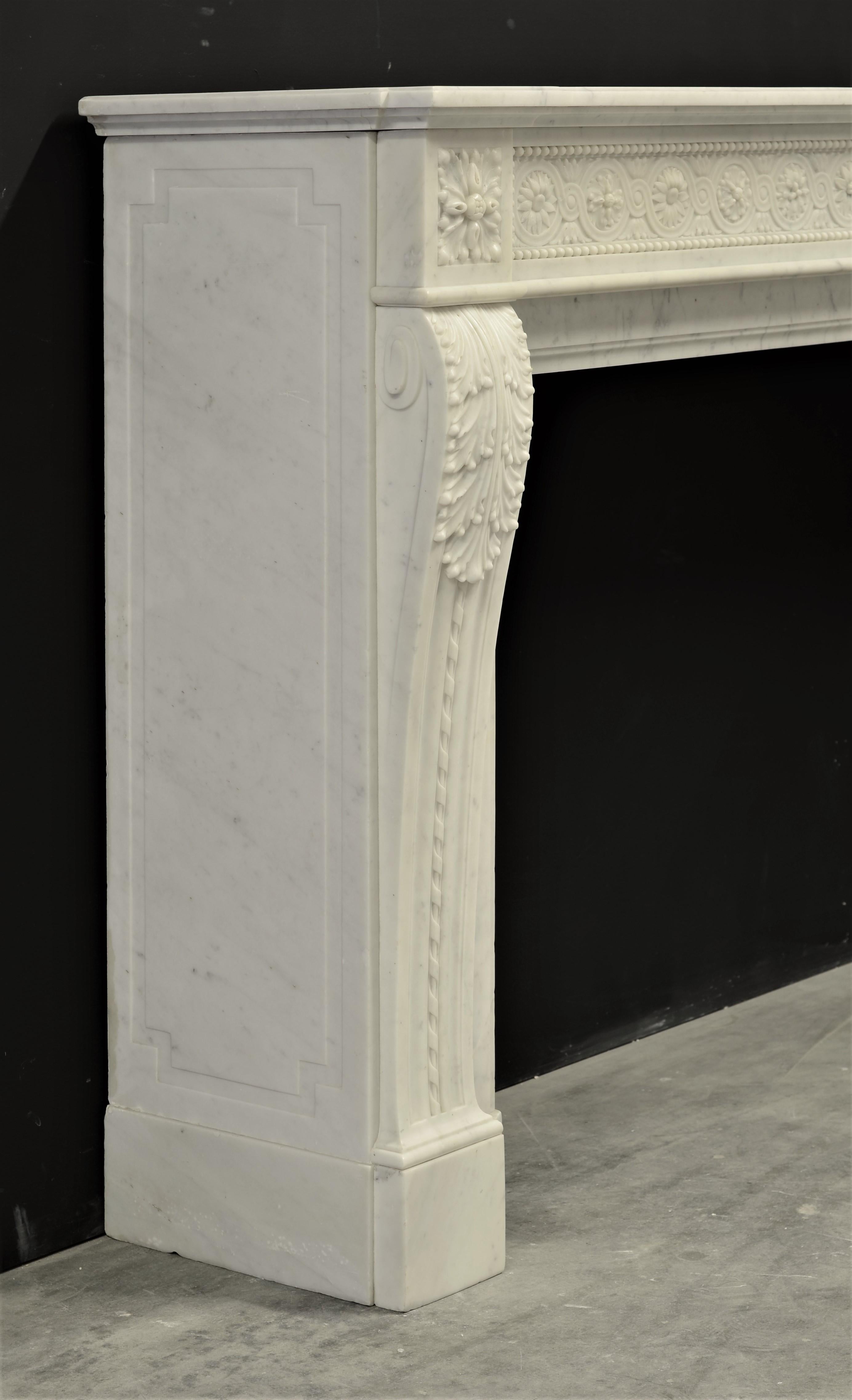 Brilliant Antique Louis XVI Style Fireplace Mantel in Carrara White Marble 5
