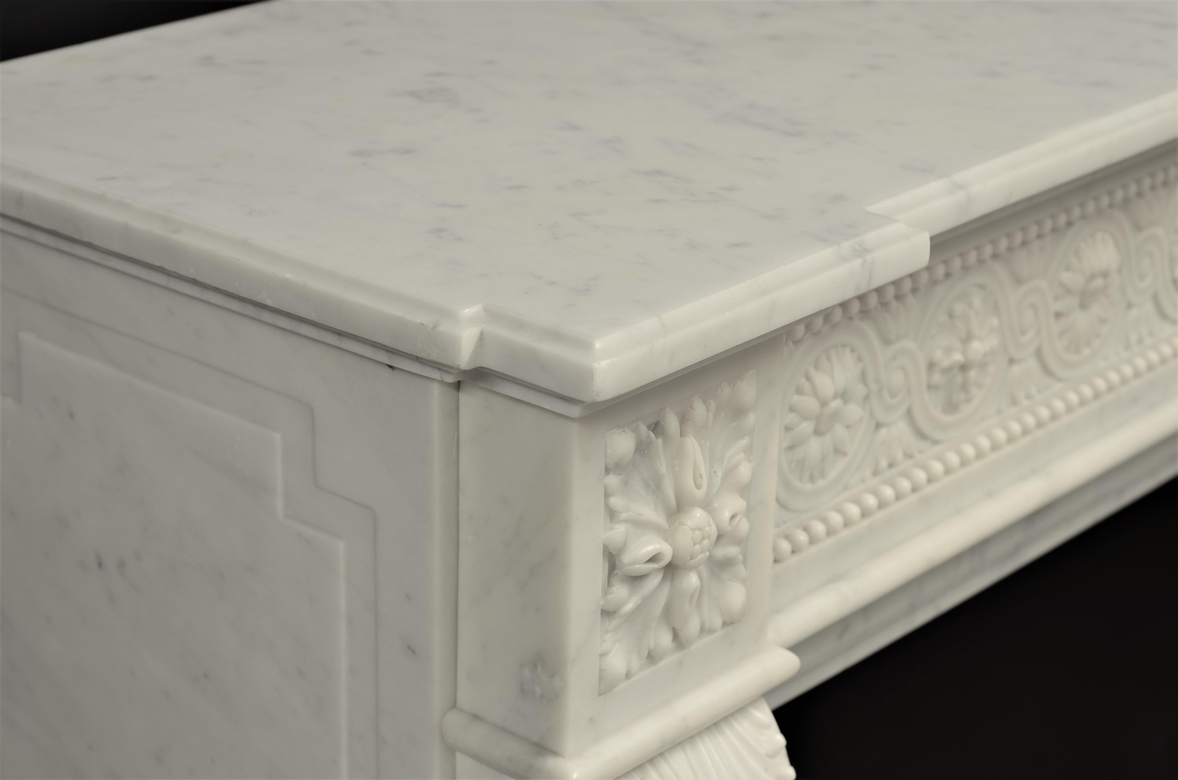 Brilliant Antique Louis XVI Style Fireplace Mantel in Carrara White Marble 6
